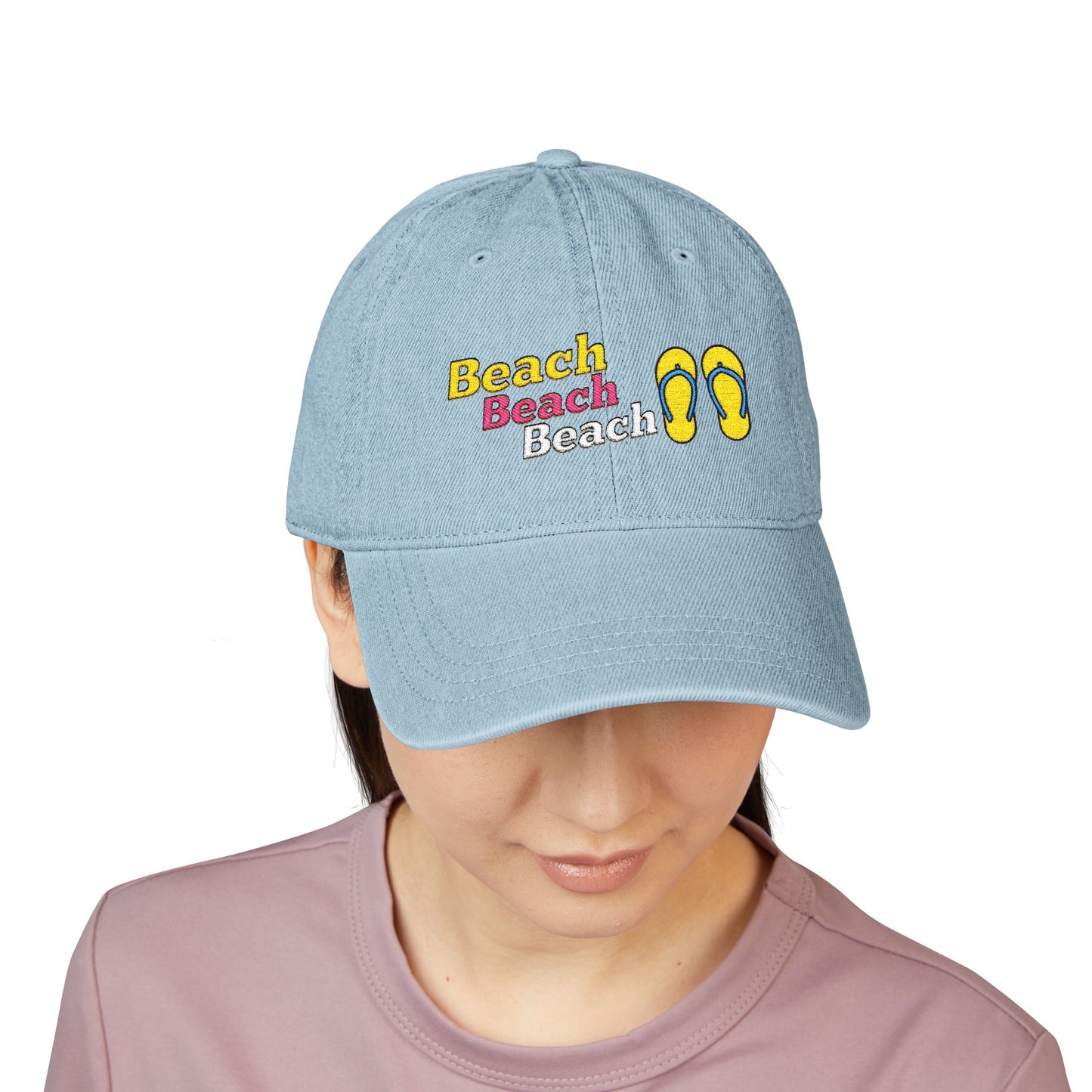 Beach Beach Beach Embroidered Denim Hat — Floral Summer Baseball Cap