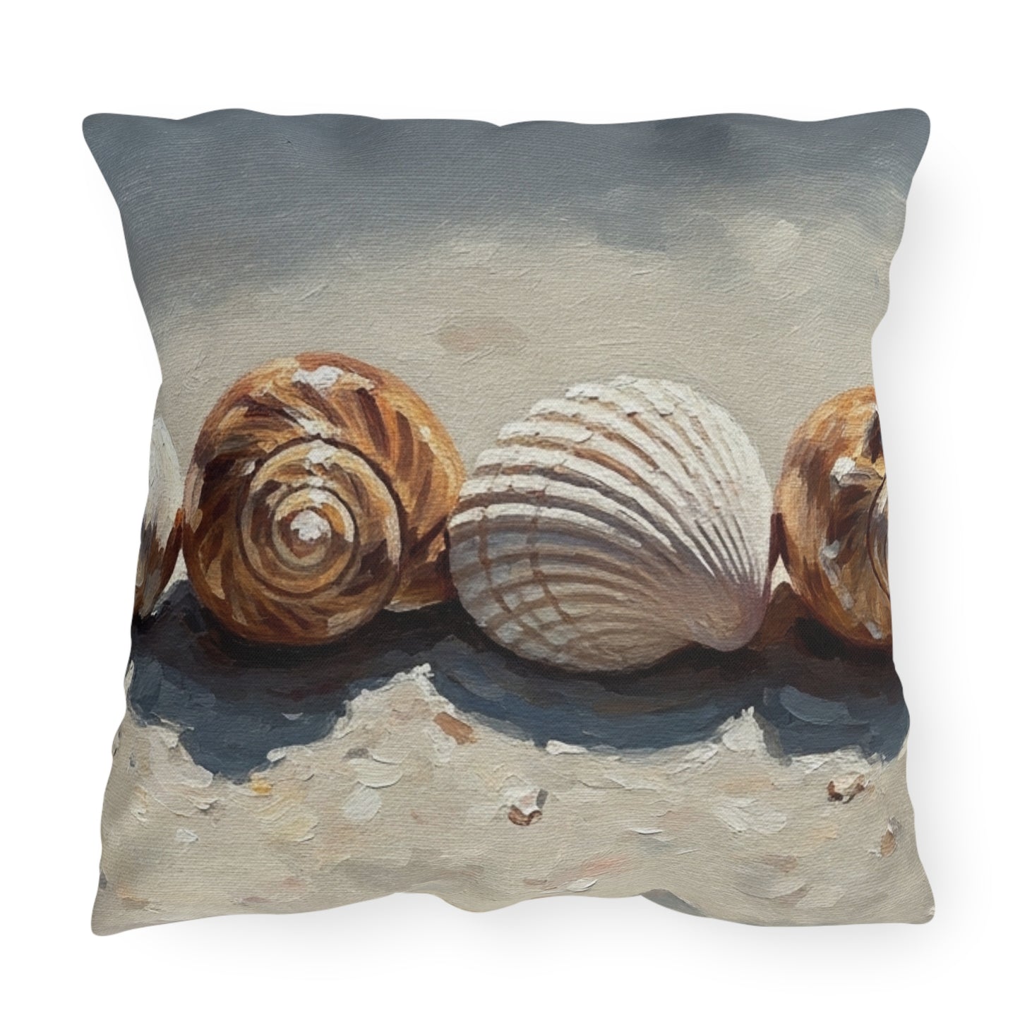Decorative pillow with shell design on a white background