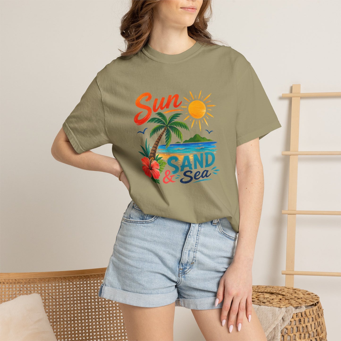 Sun, Sand & Sea T-Shirt – Tropical Beach Palm Tree Graphic Tee