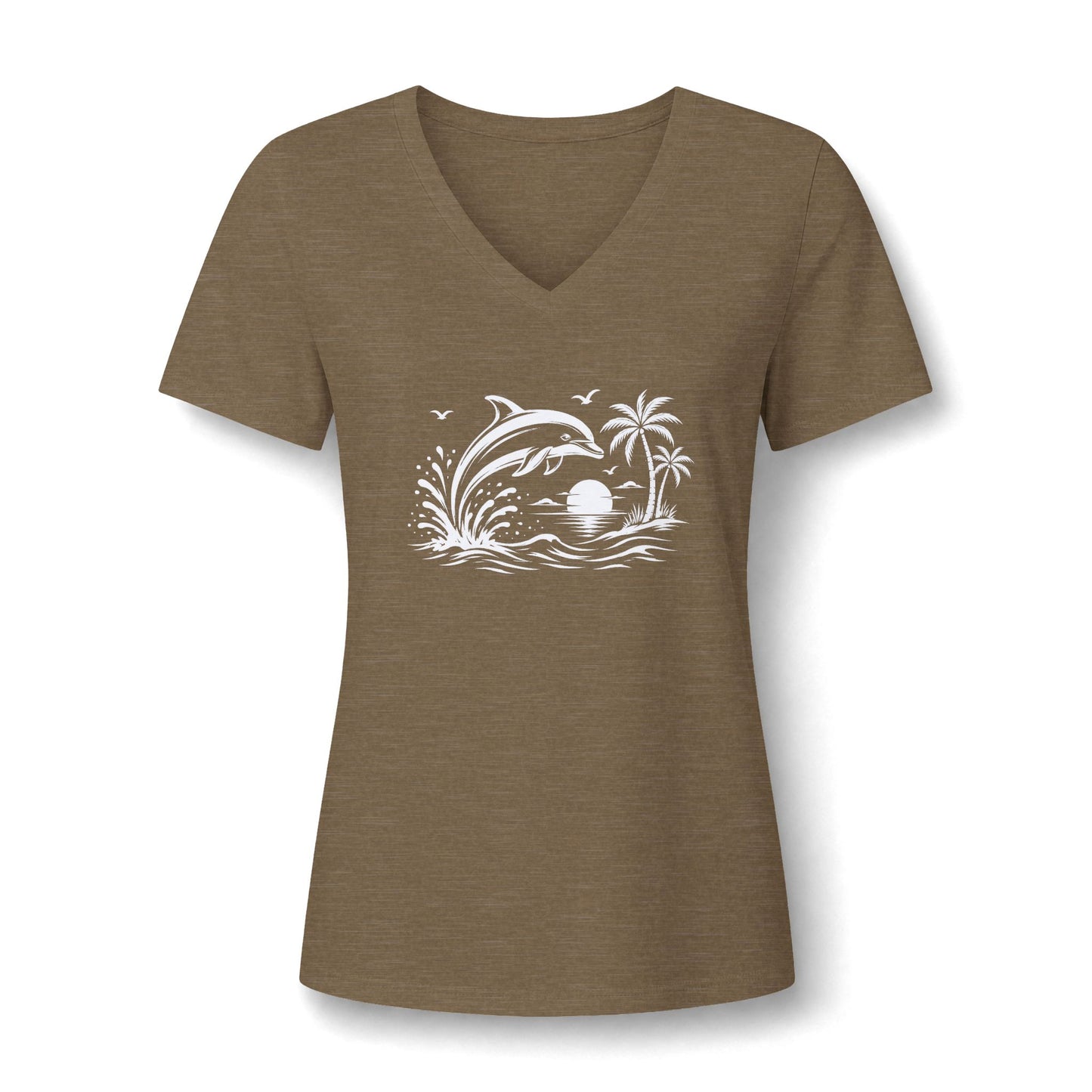 Dolphin Beach Sunset Graphic-Women’s V‑Neck Tee