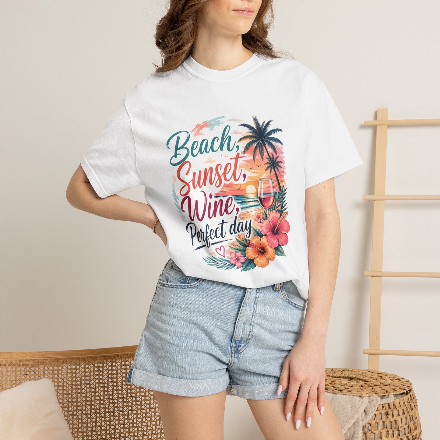 Beach Sunset Wine T-Shirt — "Beach, Sunset, Wine, Perfect Day" Tropical Graphic Tee
