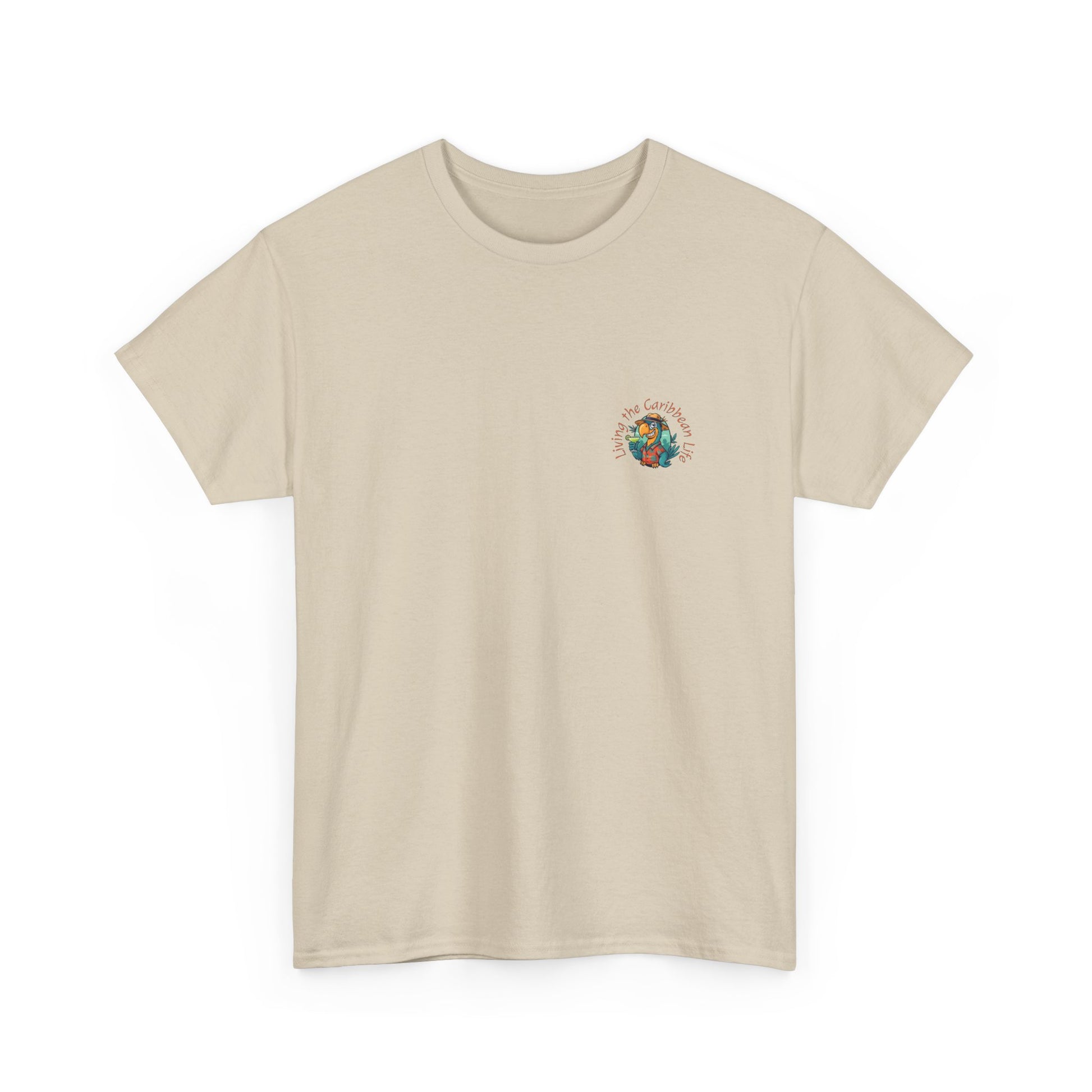 Beige t-shirt with a small colorful graphic on the chest against a white background