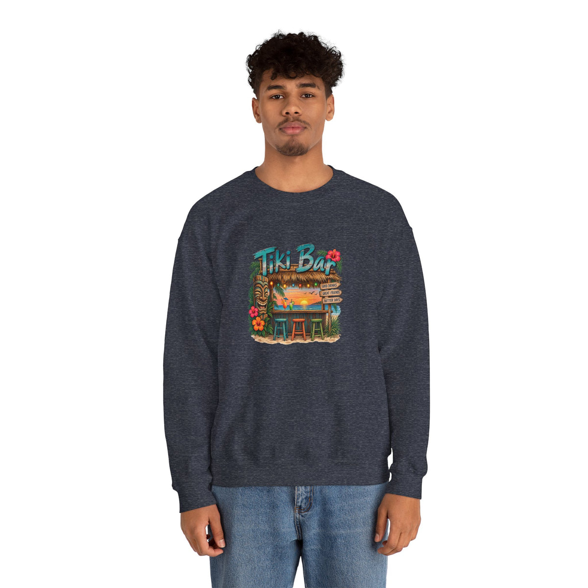 Tiki Bar Crewneck Sweatshirt — Retro Tropical Sunset Design