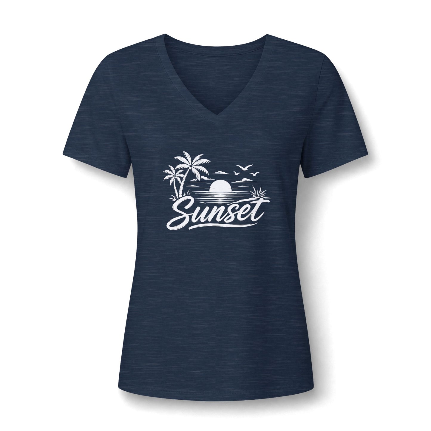 Sunset Palm V-Neck Tee – Women’s Beach Sunset Graphic Shirt
