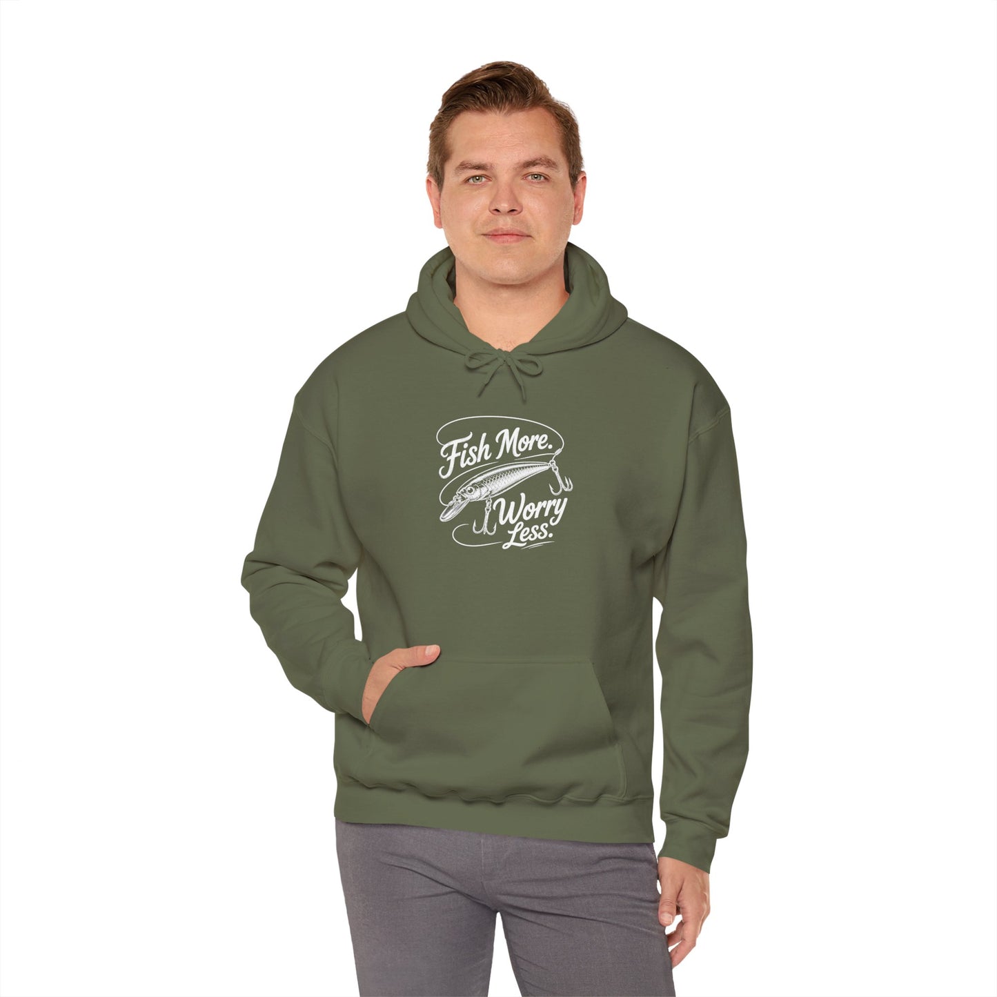 Fishing Hoodie - "Fish More Worry Less" Graphic Pullover