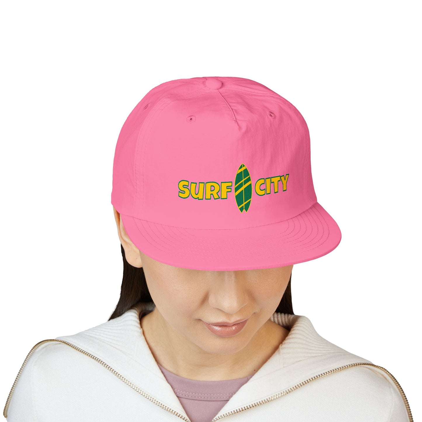 Surf City Embroidered Surf Cap — Retro Surfboard Logo Hat