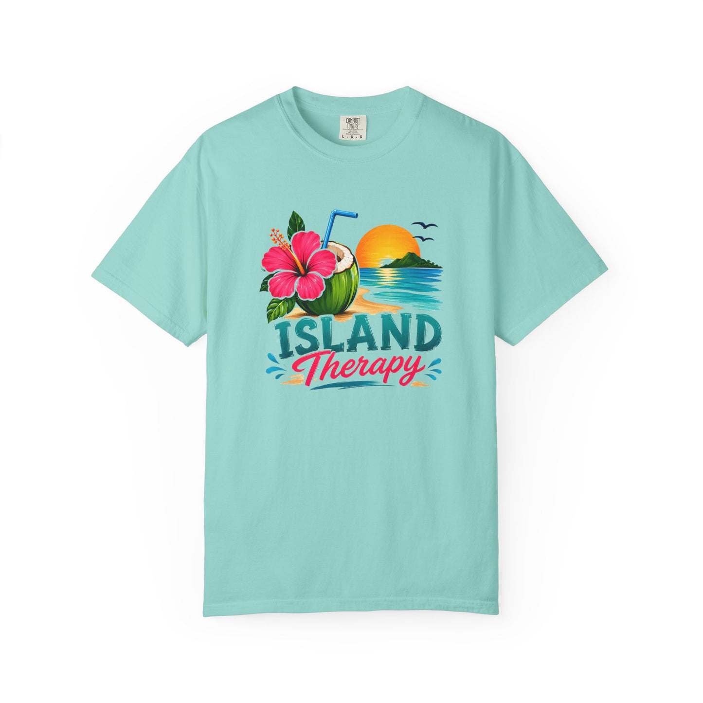 Island Therapy T‑Shirt — Tropical Sunset Coconut Drink Beach Tee