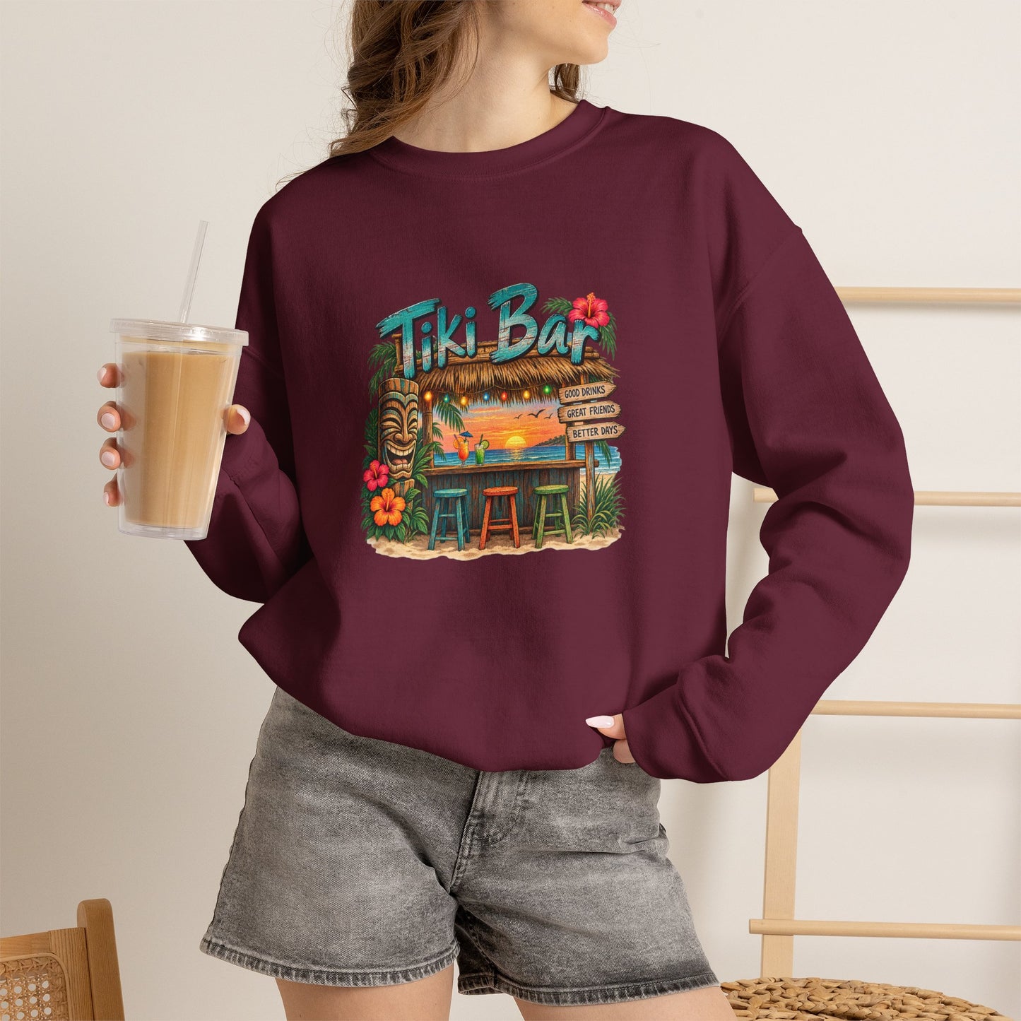 Tiki Bar Crewneck Sweatshirt — Retro Tropical Sunset Design