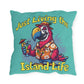 Decorative pillow with a parrot design and 'Just Living the Island Life' text on a teal background.