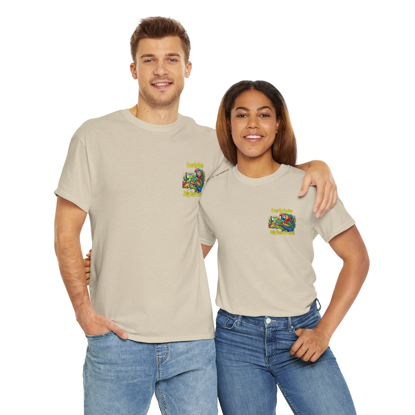 Cocktail Parrot Tee - Fun Retro Style, Unisex  Heavy Cotton T-Shirt,