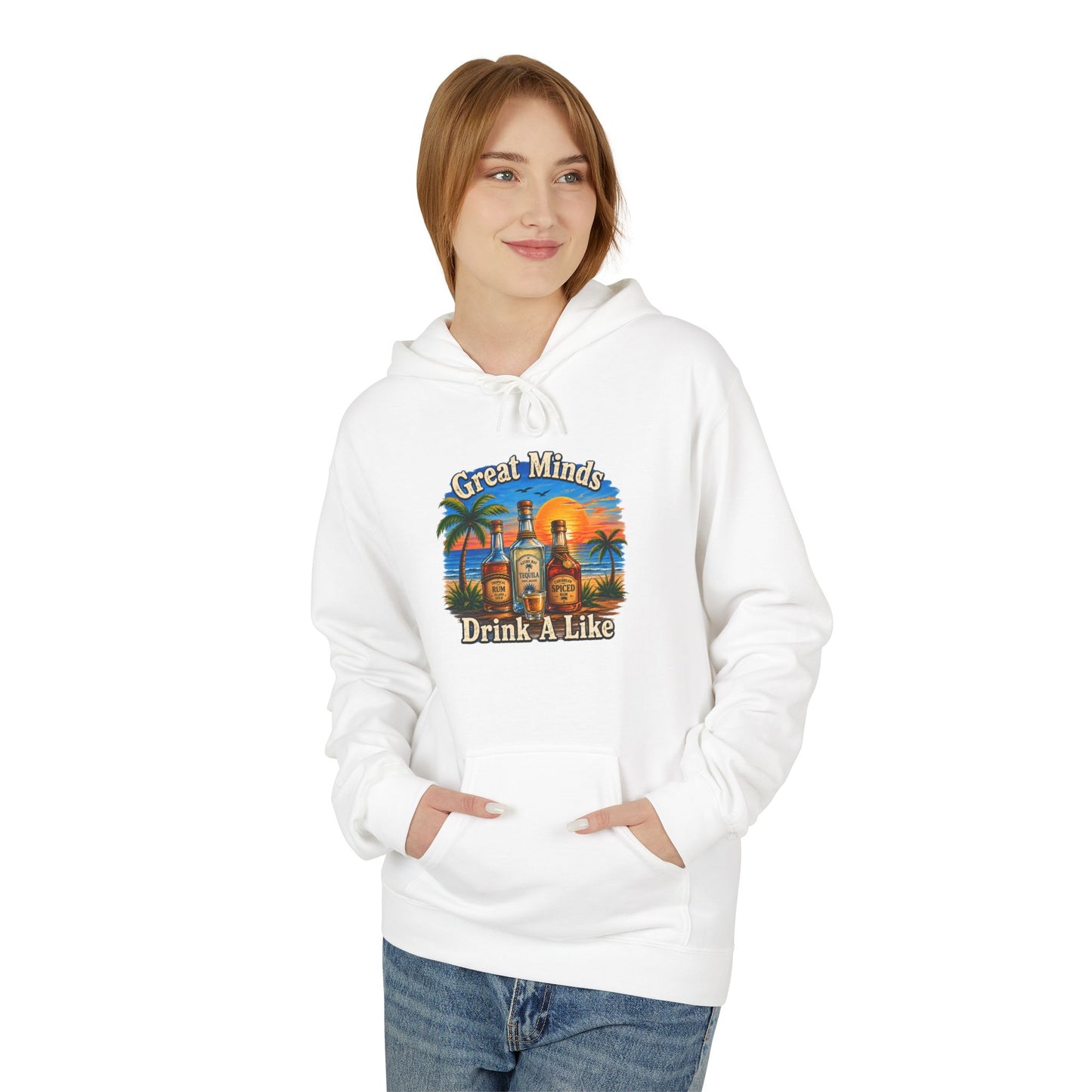 Great Minds Drink Alike Hoodie — Tropical Sunset Palm Beach Graphic Sweatshirt