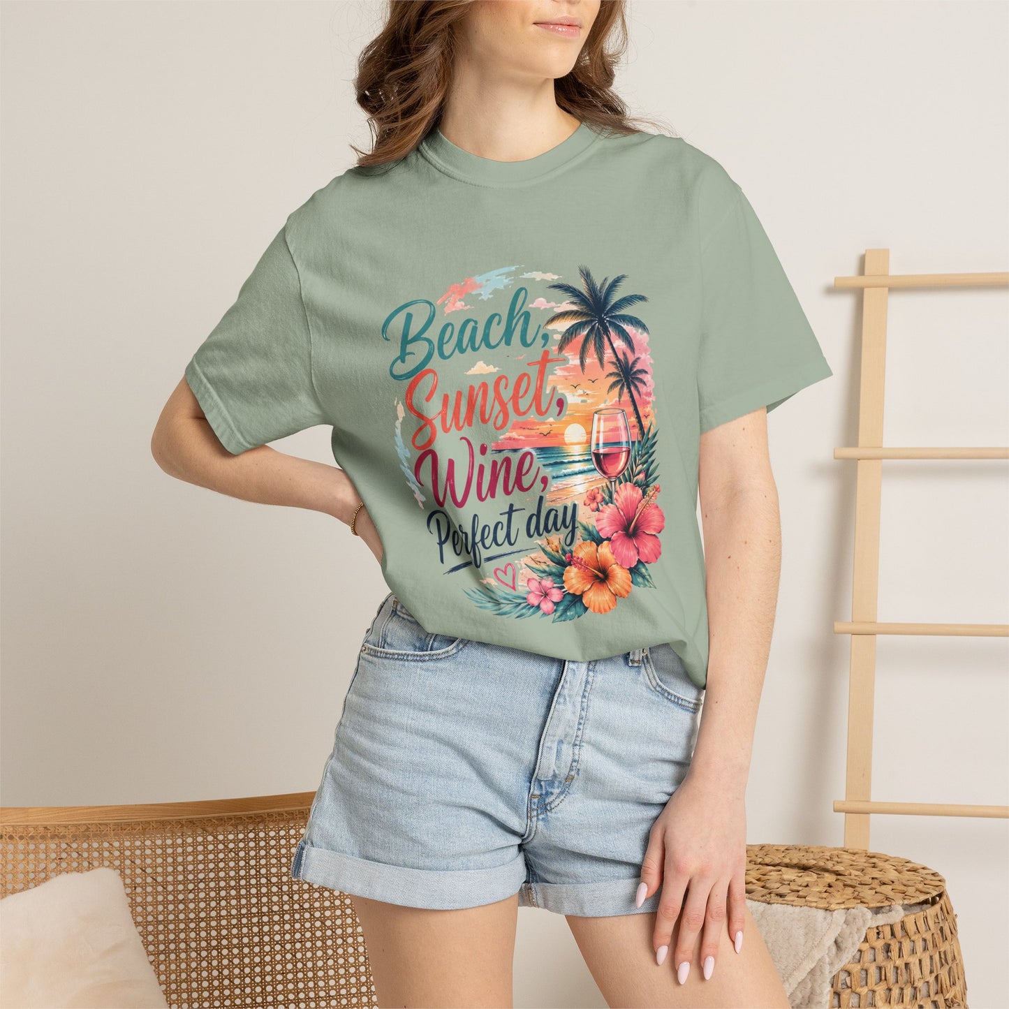 Beach Sunset Wine T-Shirt — "Beach, Sunset, Wine, Perfect Day" Tropical Graphic Tee