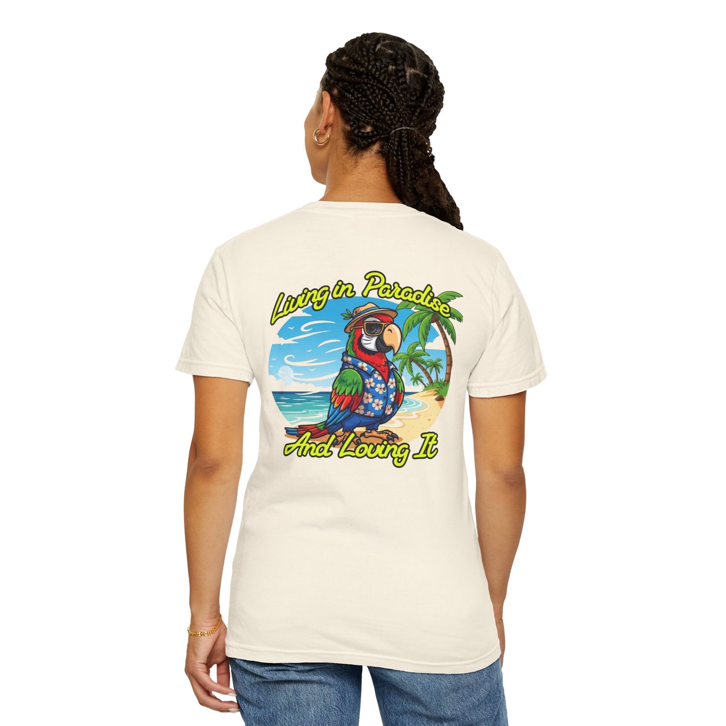 T-Shirt — "Living in Paradise and Loving It" Tropical Parrot Beach Tee