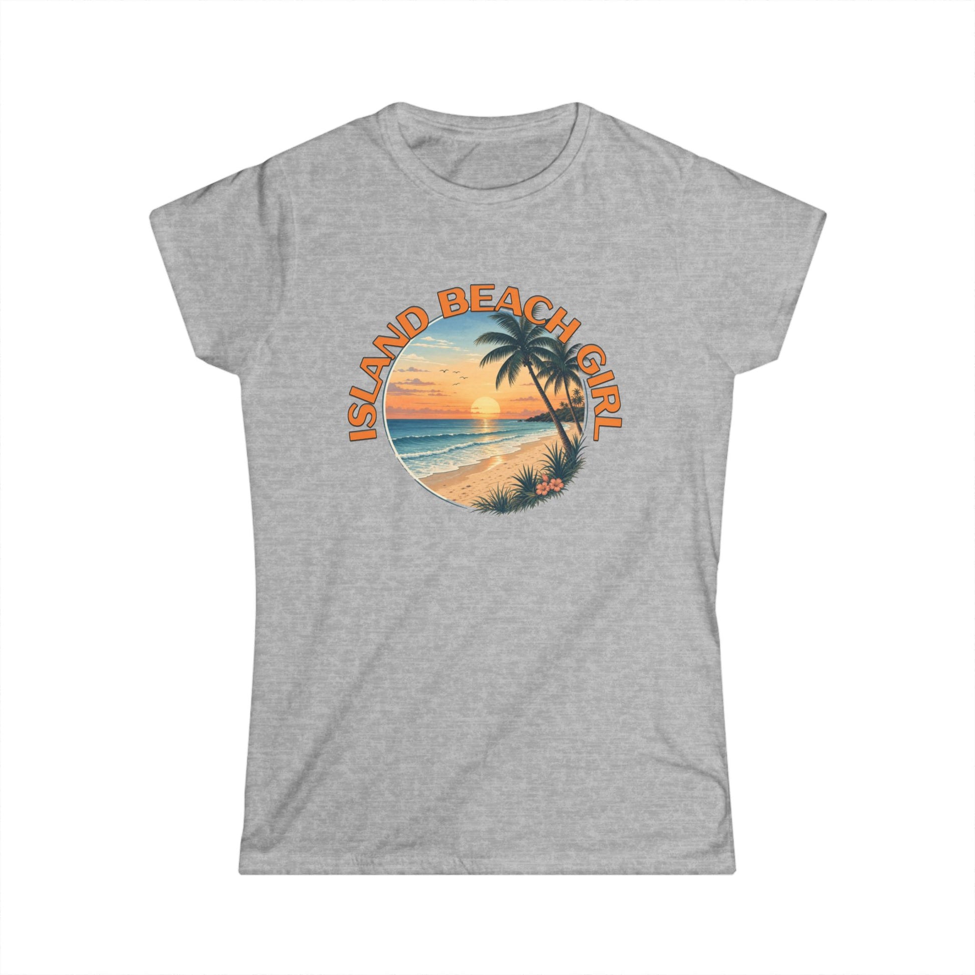 Gray t-shirt with 'Island Beach Girl' graphic design on a white background