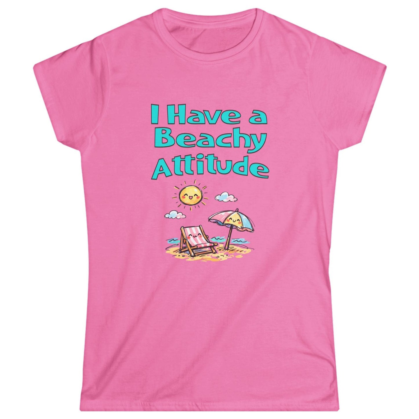 Pink t-shirt with 'I Have a Beachy Attitude' text and beach graphics on a white background