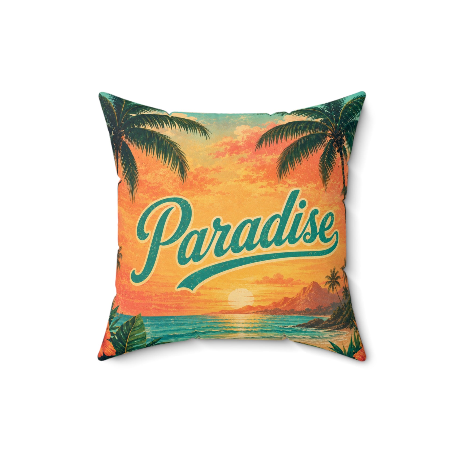 Square polyester pillow with tropical 'Paradise' design and palm tree borders