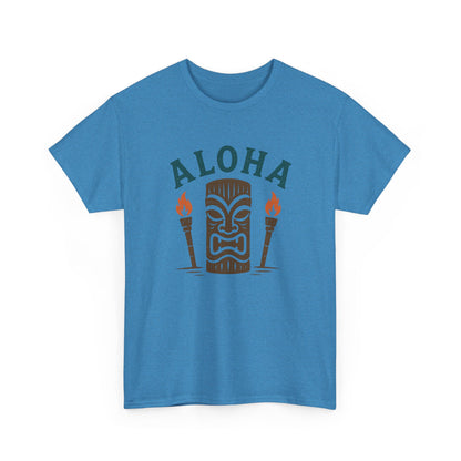 Men's blue graphic t-shirt with ALOHA text, tiki mask, and torch icons