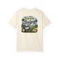 Beige t-shirt with a graphic design and text on a white background