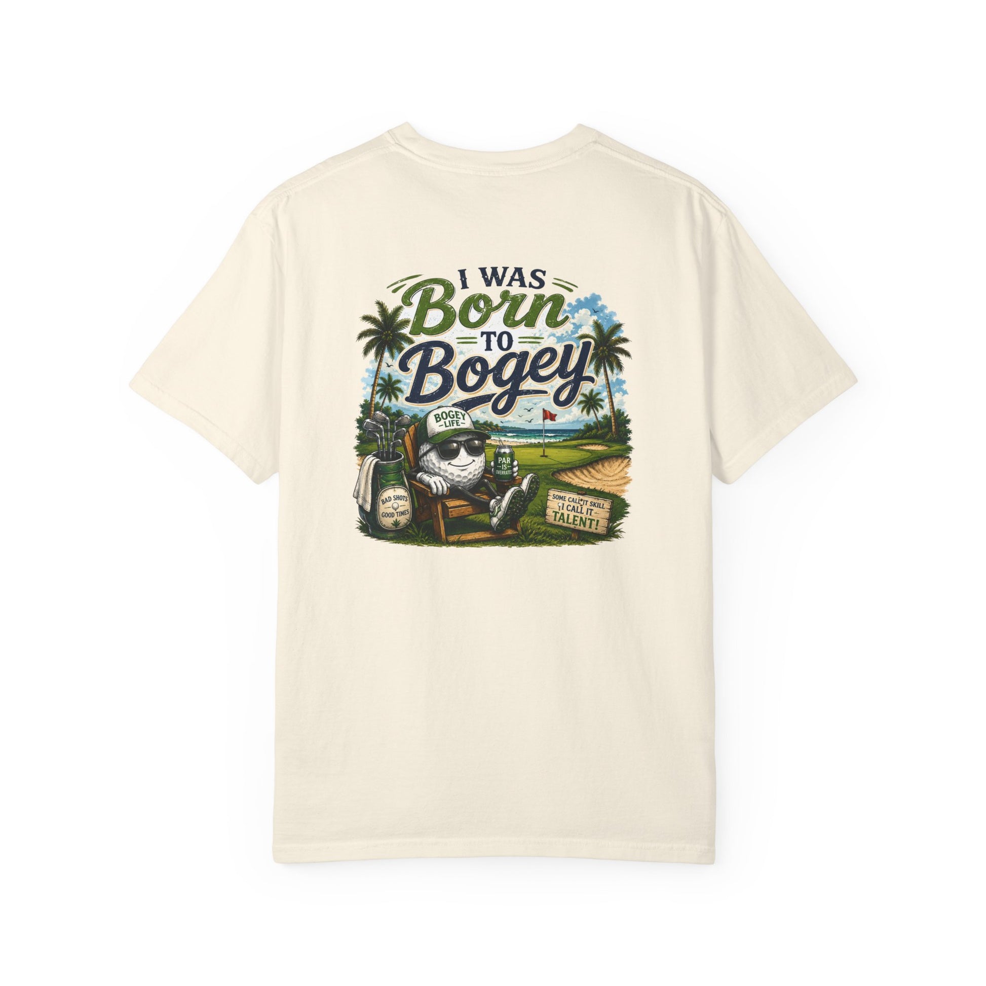 Beige t-shirt with a graphic design and text on a white background