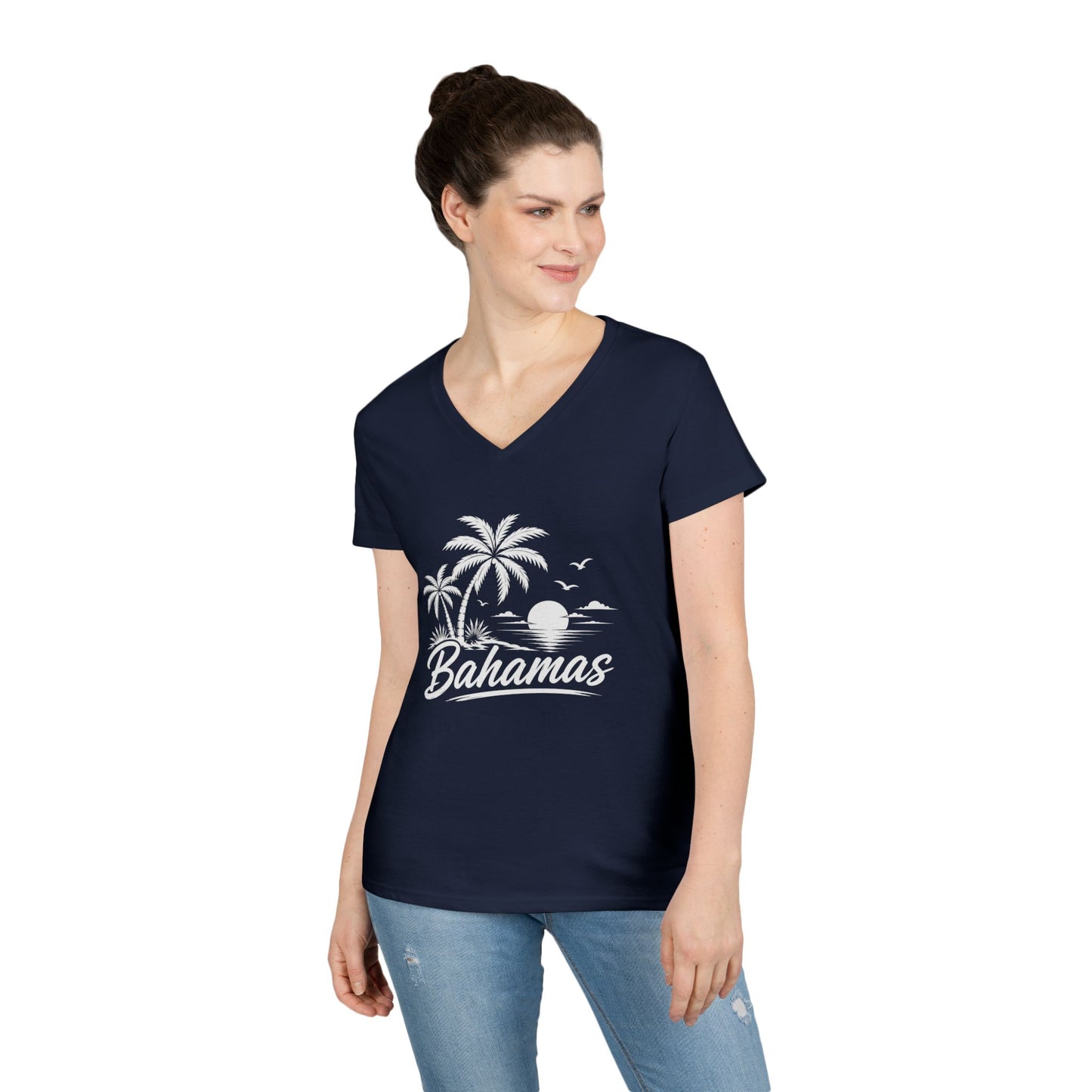 Bahamas Palm Beach V-Neck Tee — Ladies' Tropical Vacation T-Shirt