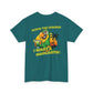 Teal t-shirt with a parrot graphic and text on the back