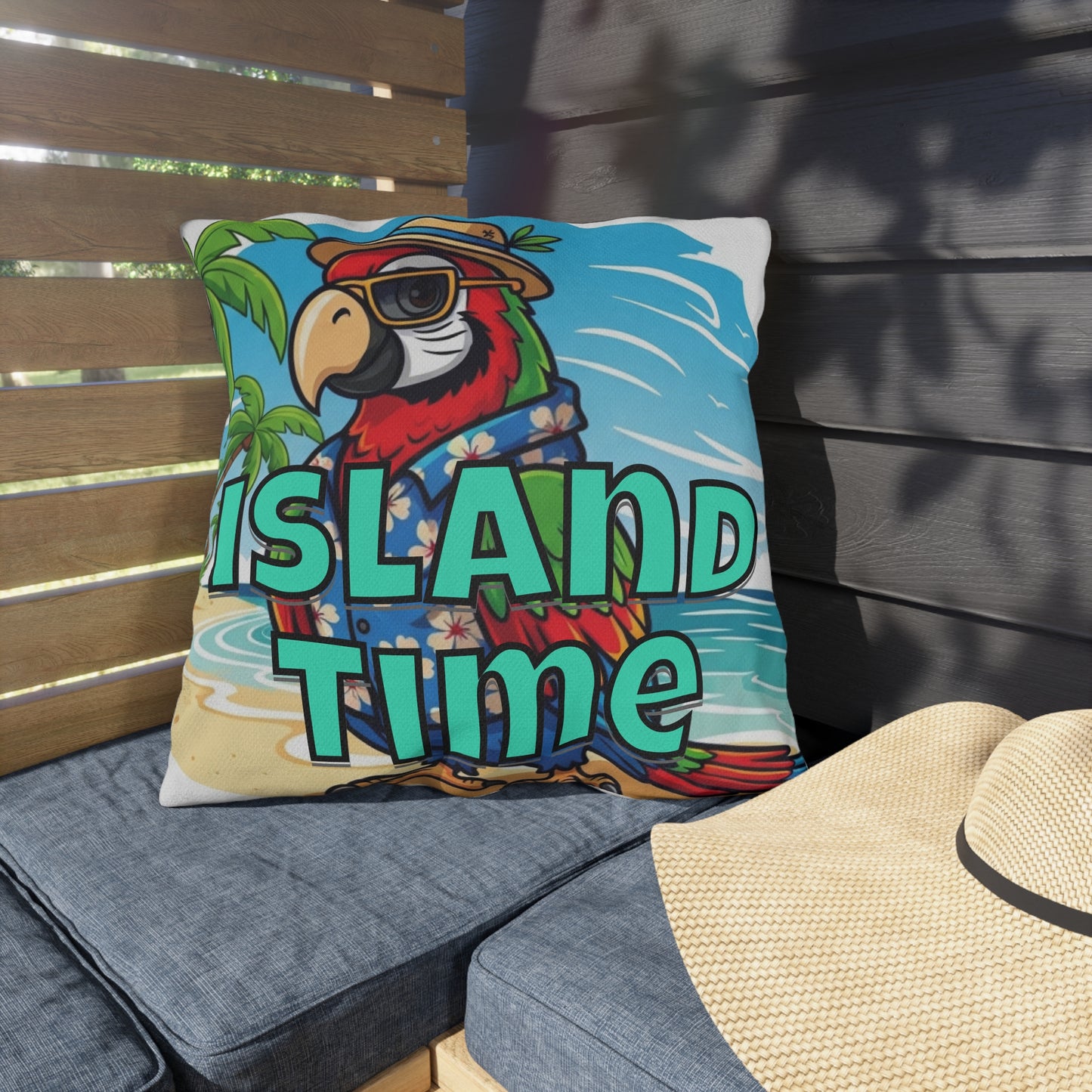 Decorative pillow with a parrot design and 'Island Time' text on a chair.