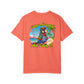 Coral t-shirt with a tropical graphic and text on a white background