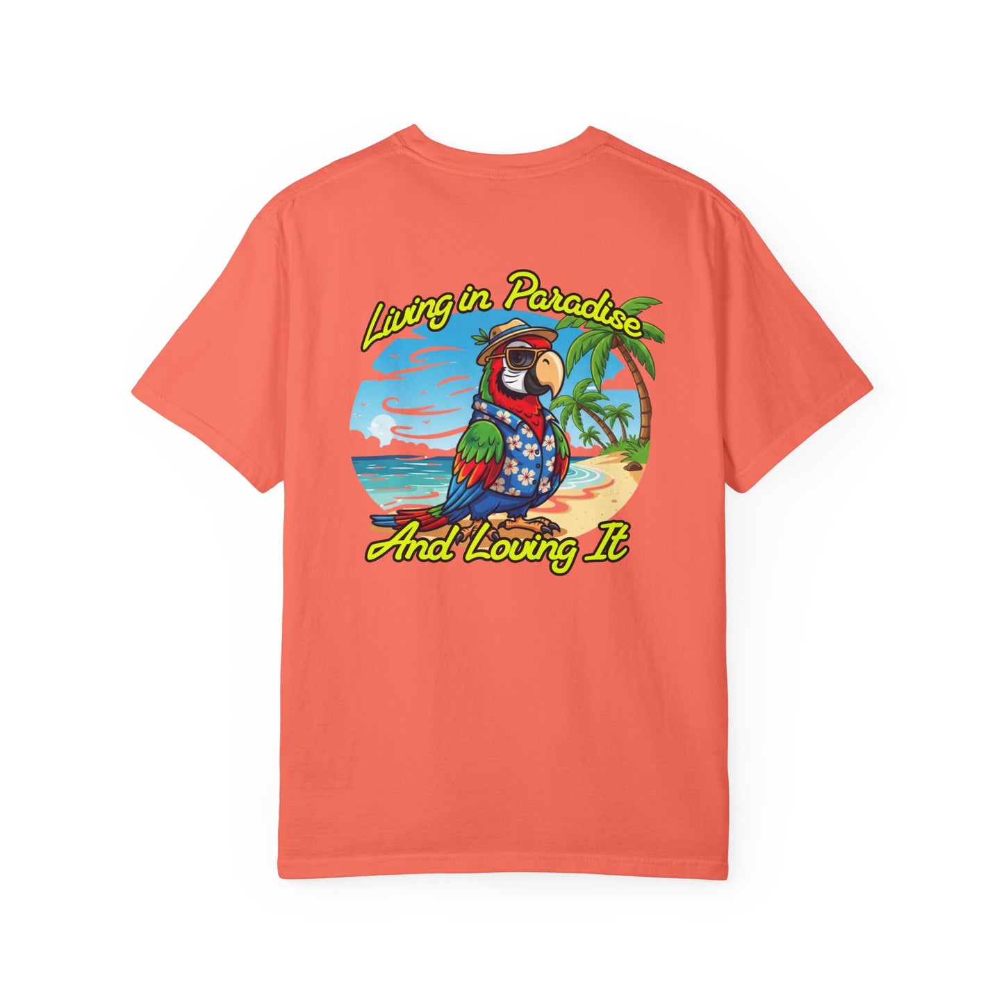 Coral t-shirt with a tropical graphic and text on a white background