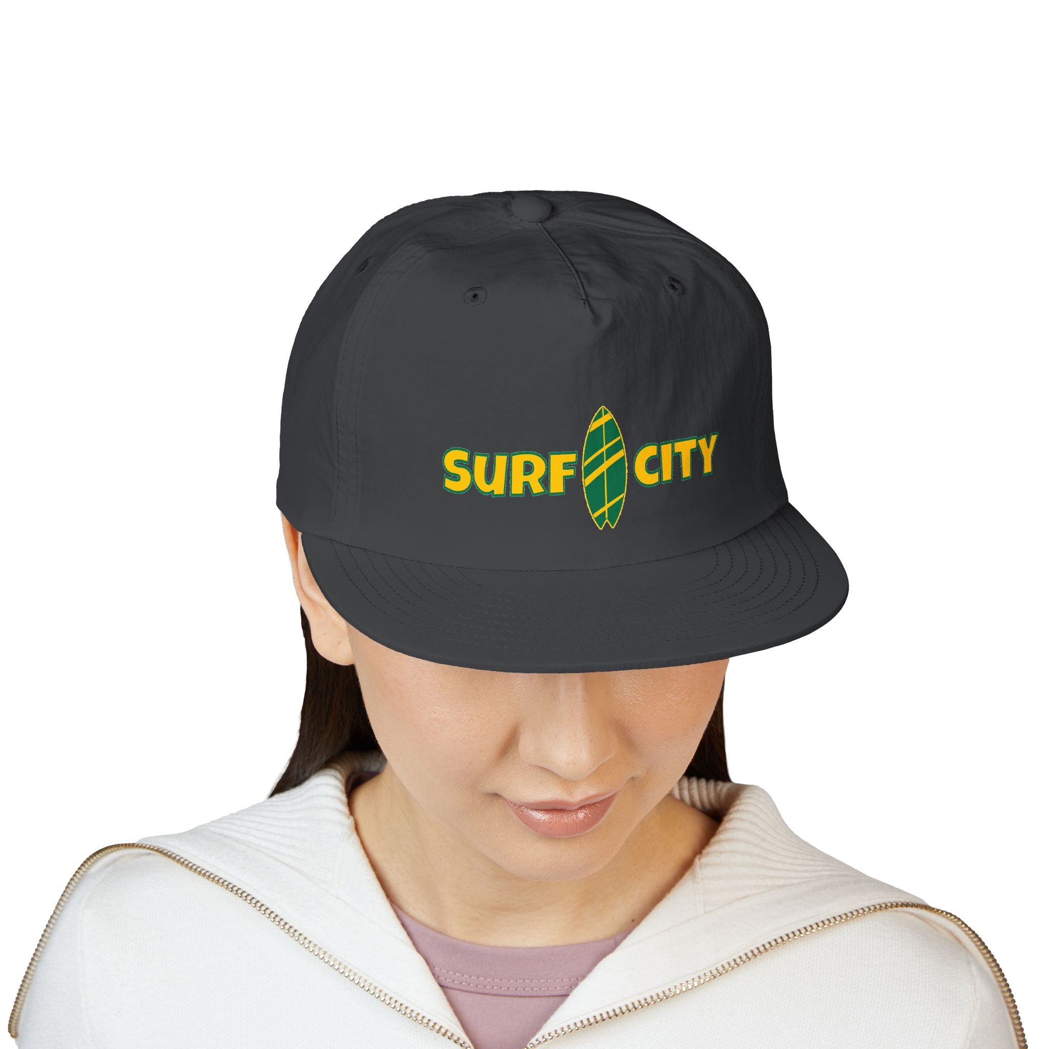 Surf City Embroidered Surf Cap — Retro Surfboard Logo Hat