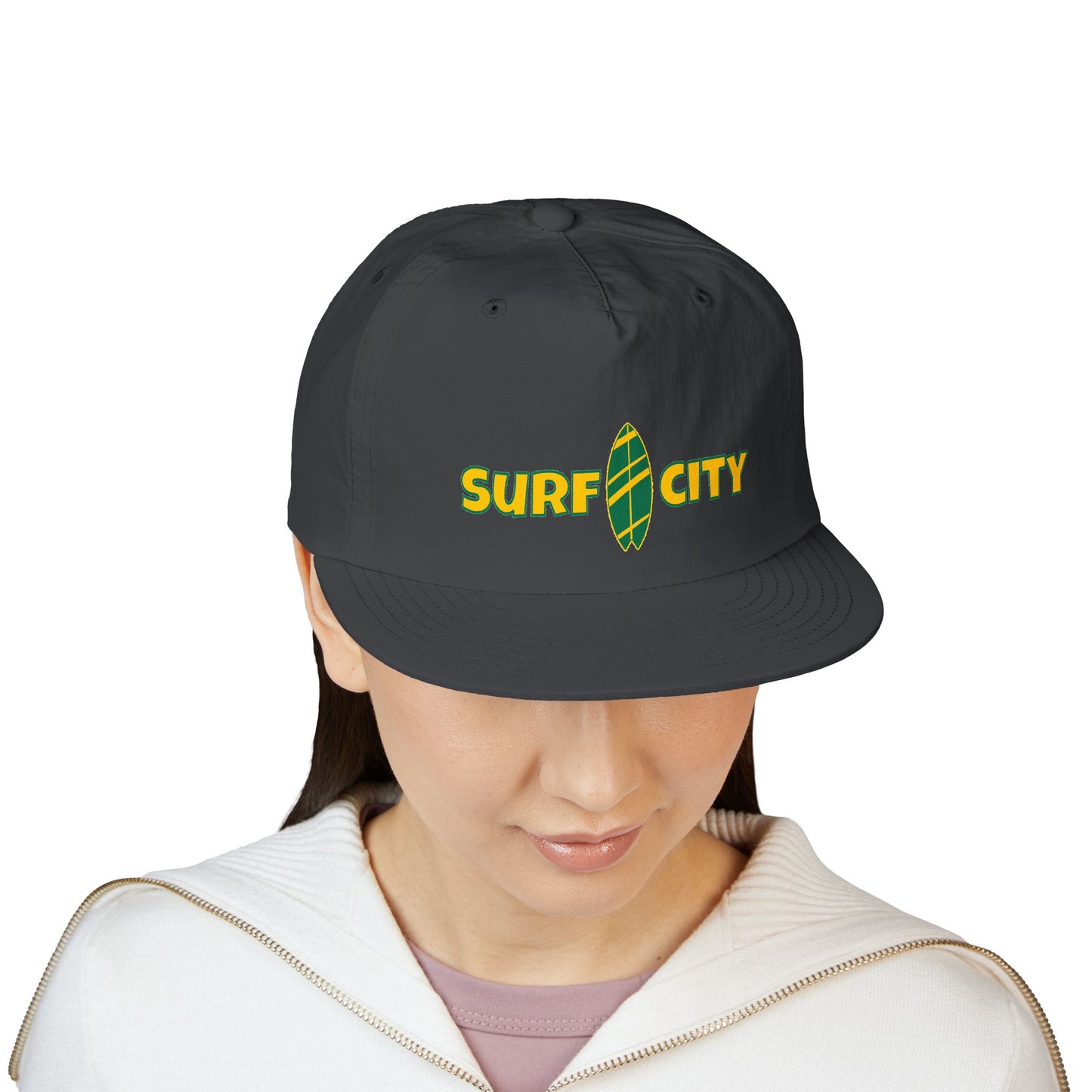 Surf City Embroidered Surf Cap — Retro Surfboard Logo Hat