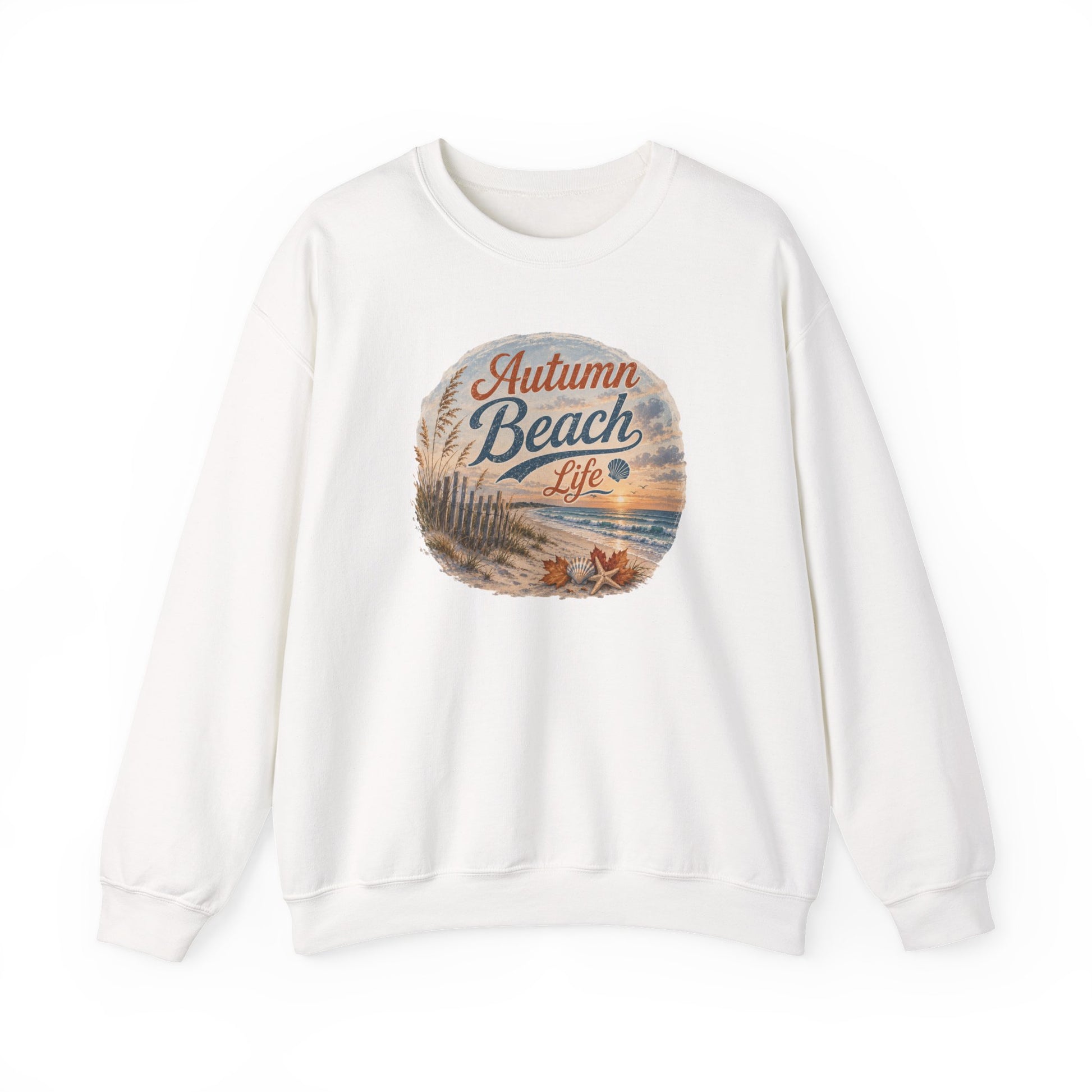 An off-white crewneck sweatshirt featuring a circular graphic on the chest with a beach scene and the text 'Autumn Beach Life'.