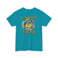 Blue t-shirt with a fish graphic and text 'I'm Hooked on Fishing' on a white background