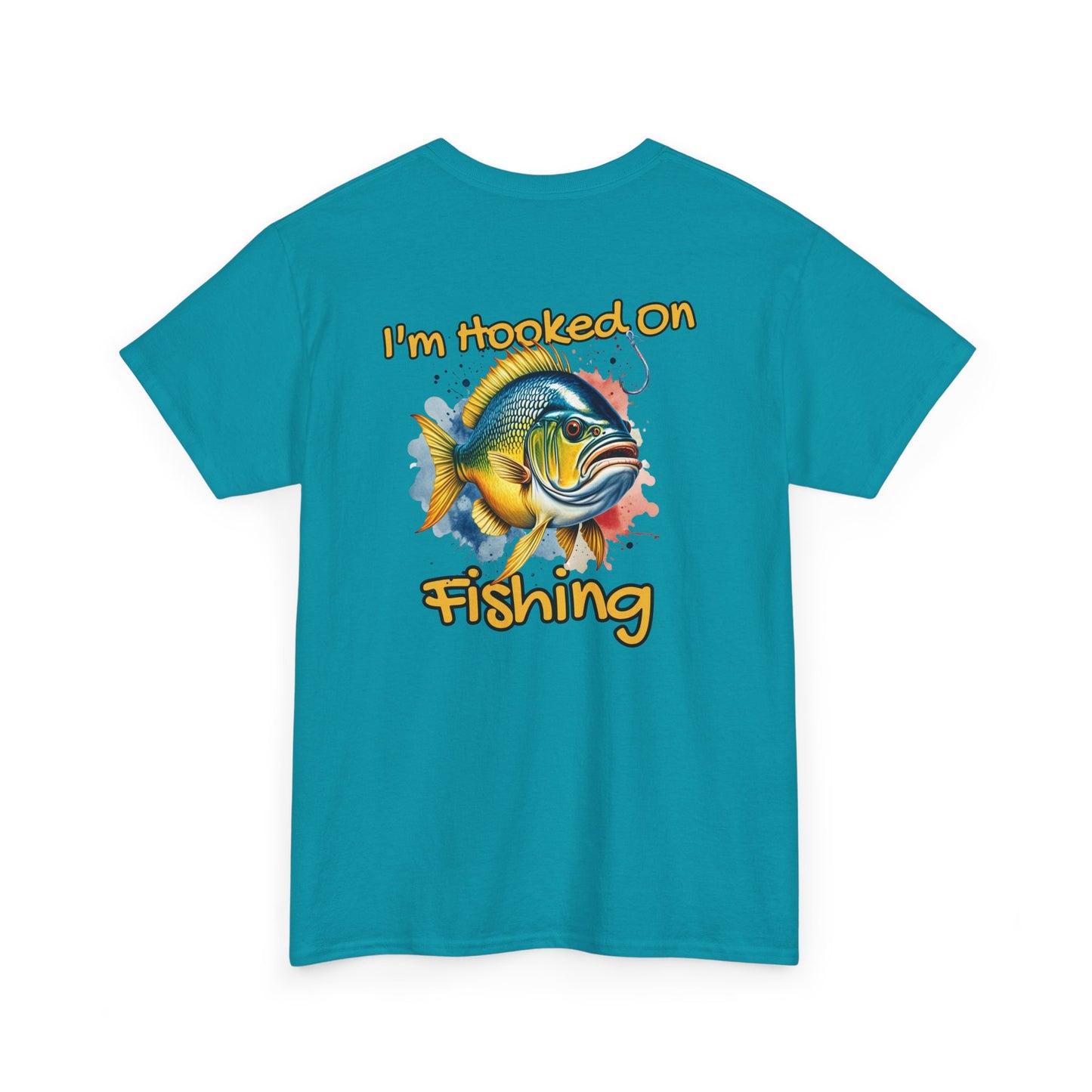 Blue t-shirt with a fish graphic and text 'I'm Hooked on Fishing' on a white background