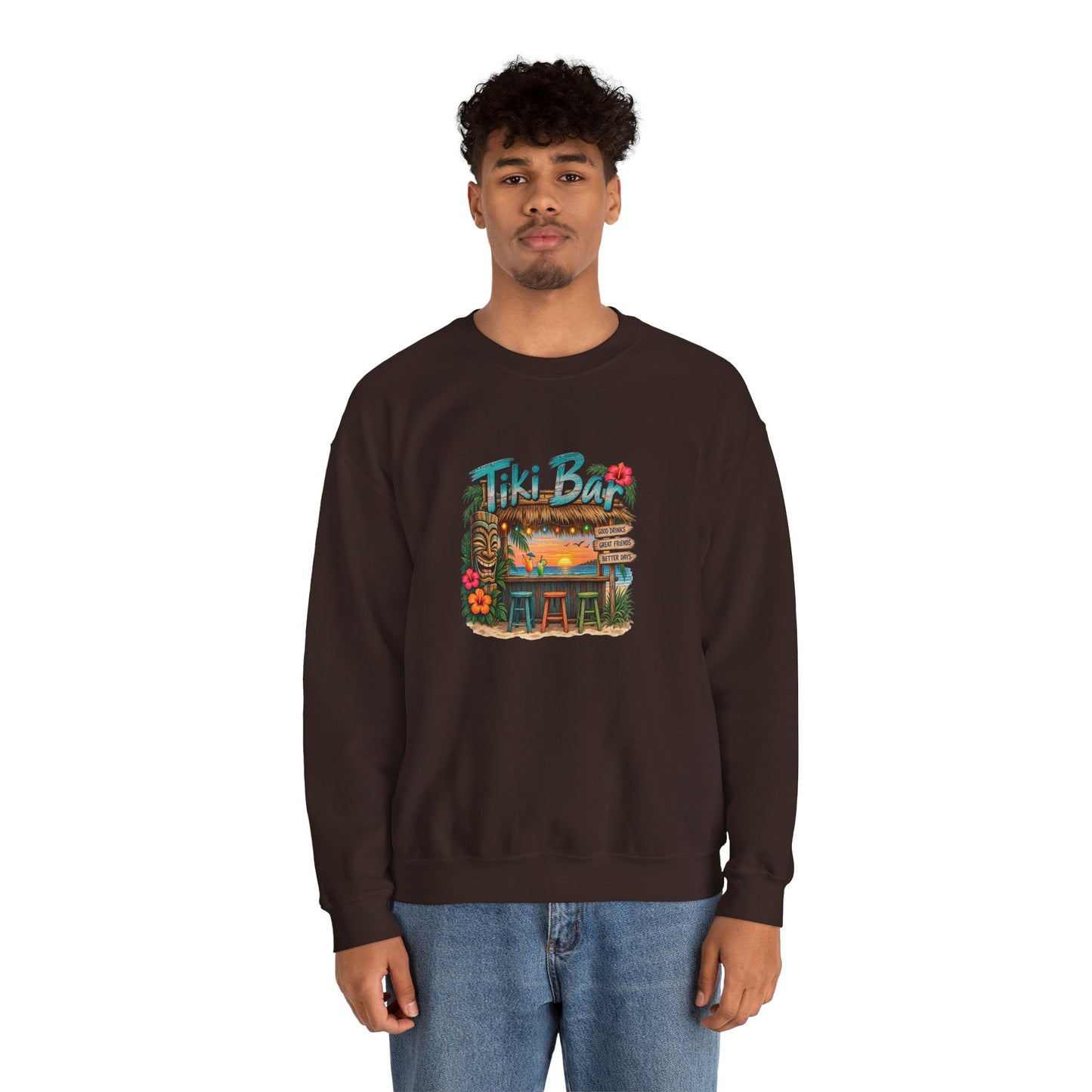 Tiki Bar Crewneck Sweatshirt — Retro Tropical Sunset Design