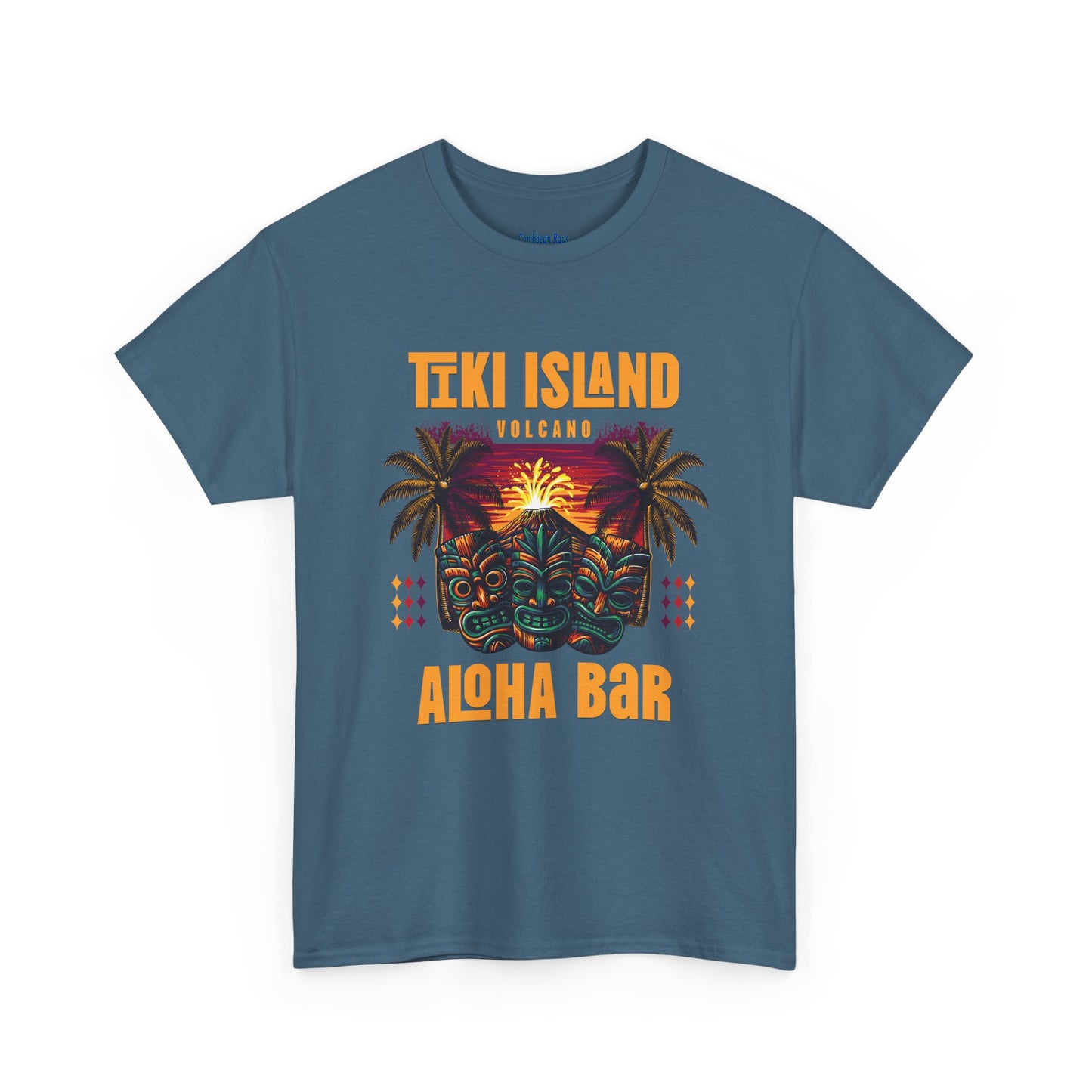 Blue t-shirt with Tiki Island and Aloha Bar design on a white background  at Caribbean Rays