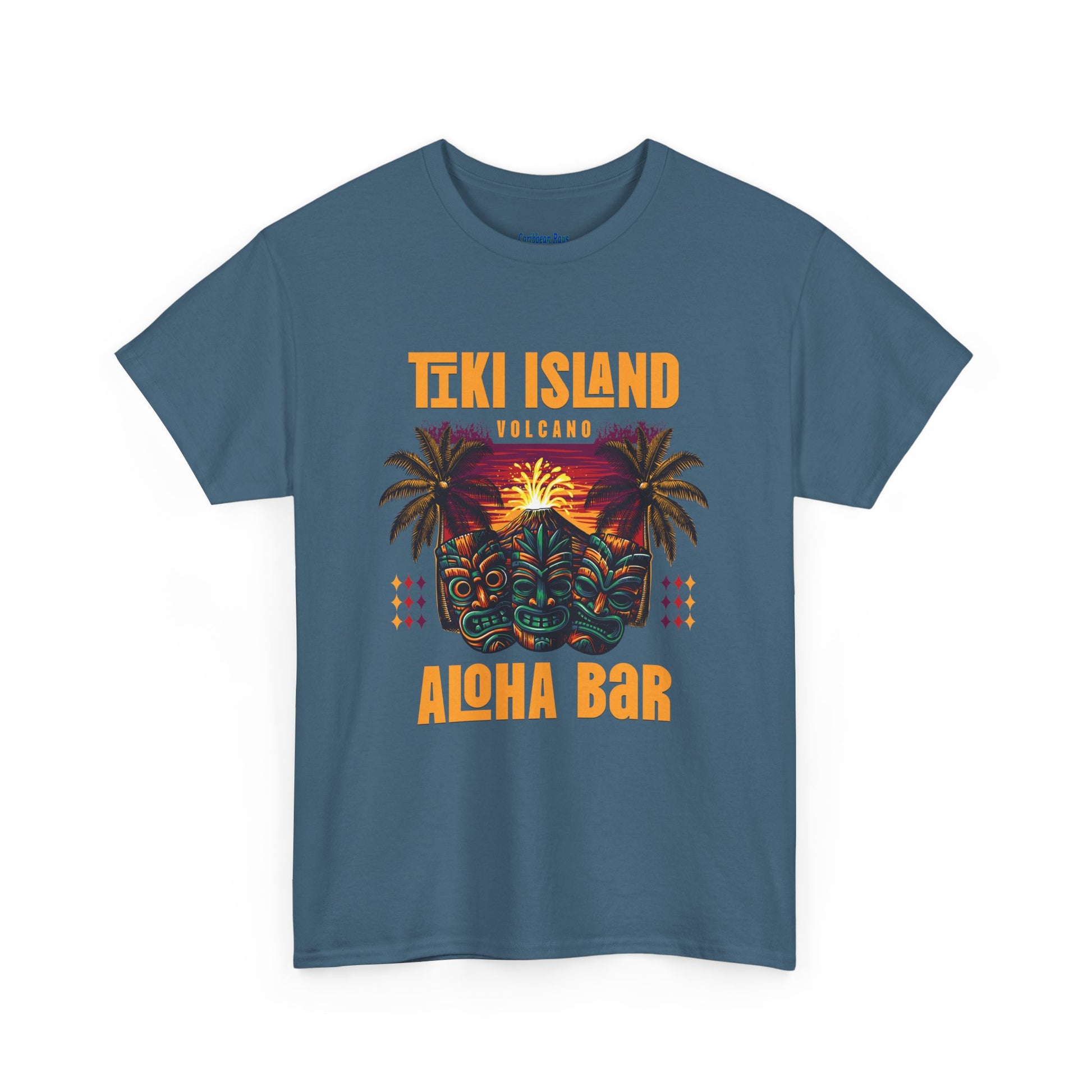 Blue t-shirt with Tiki Island and Aloha Bar design on a white background  at Caribbean Rays