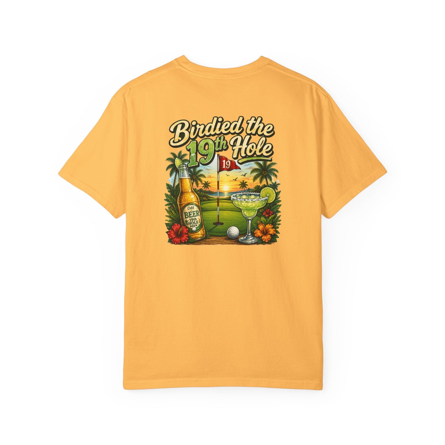 Golf T-Shirt — 'Birdied the 19th Hole' Tropical Golf Beer Design
