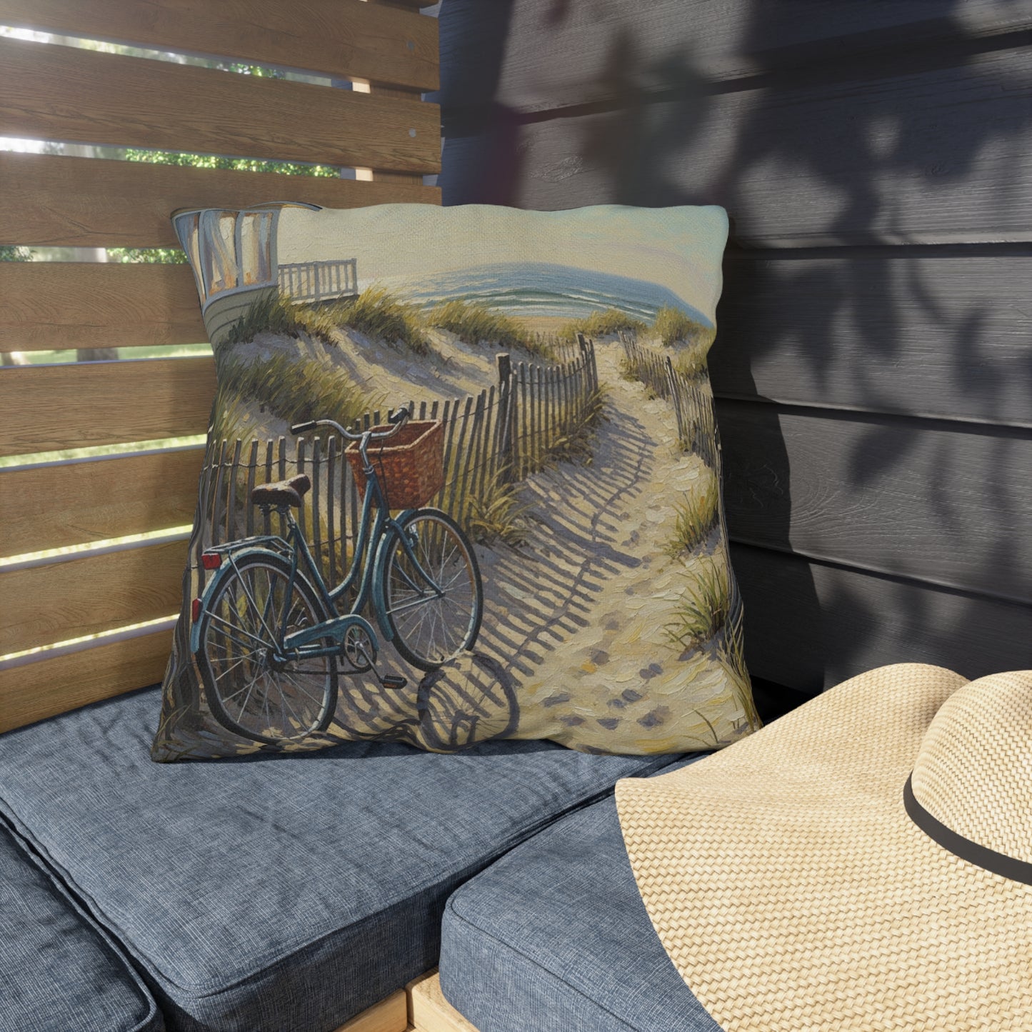Decorative pillow with a bicycle design on a cushioned bench.