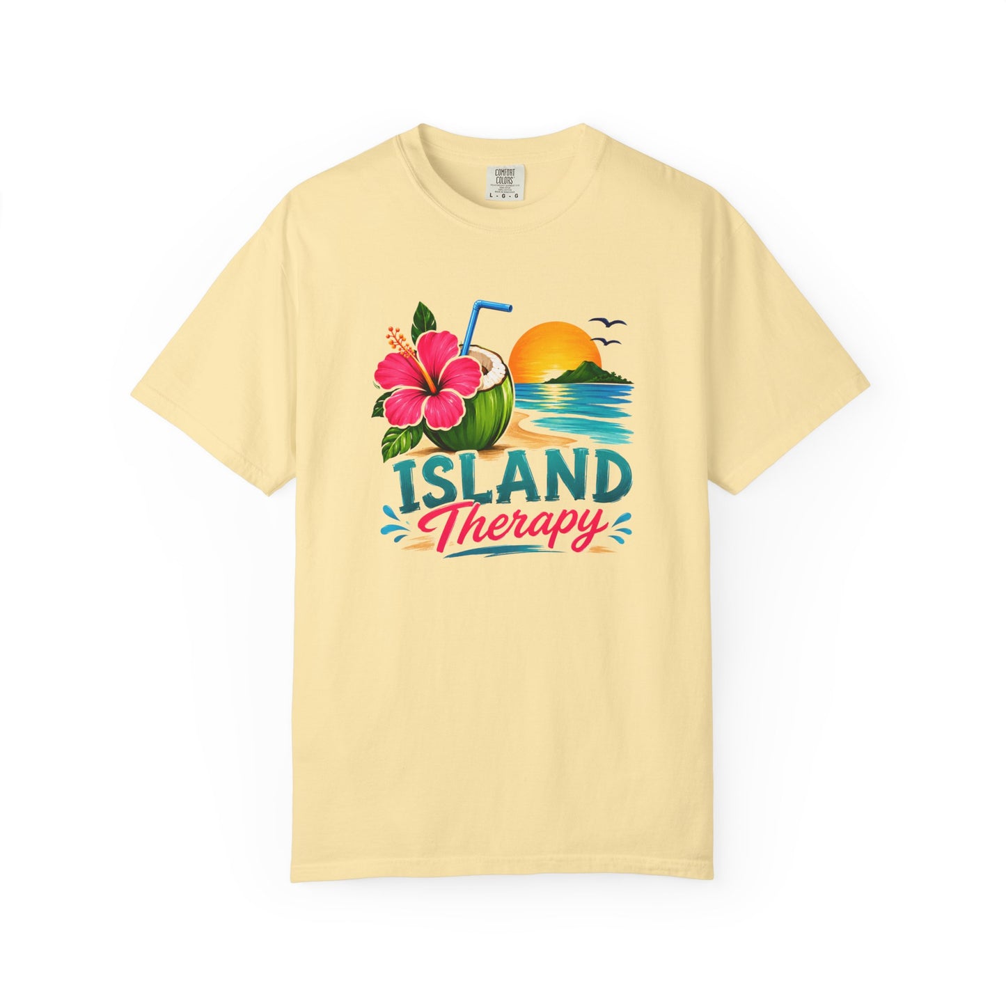 Island Therapy T‑Shirt — Tropical Sunset Coconut Drink Beach Tee