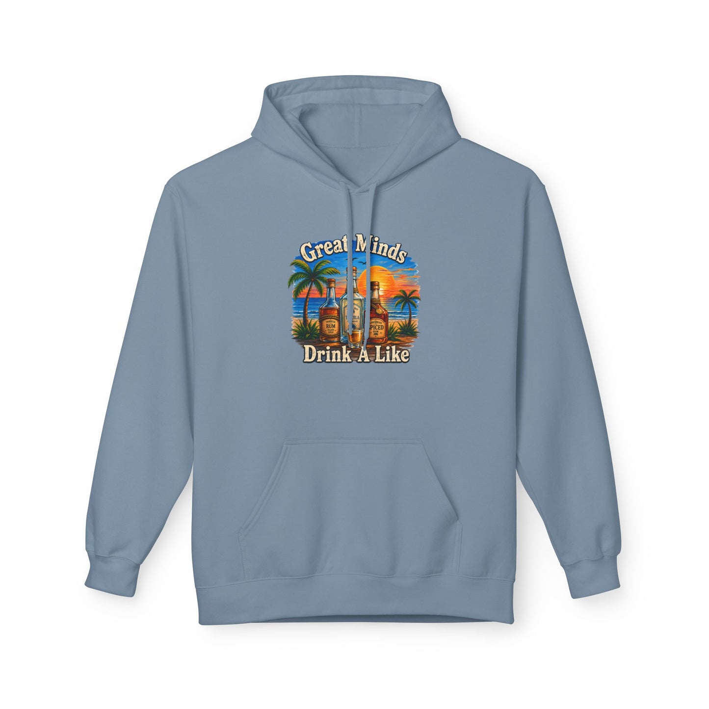 Great Minds Drink Alike Hoodie — Tropical Sunset Palm Beach Graphic Sweatshirt