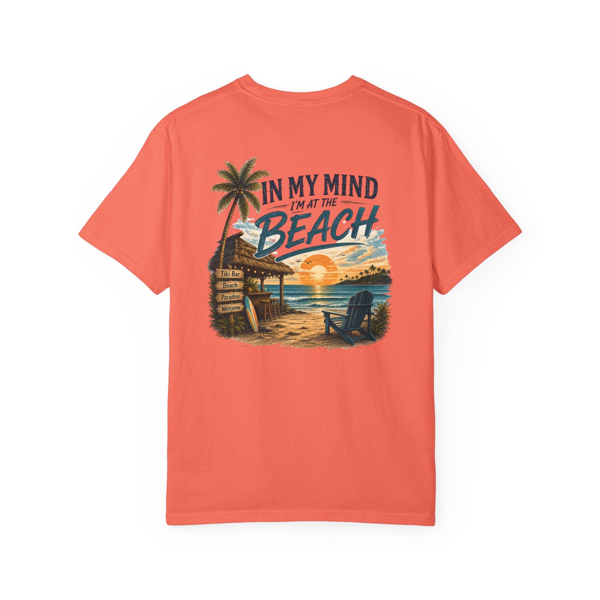 Coral t-shirt with beach graphic and text on a white background