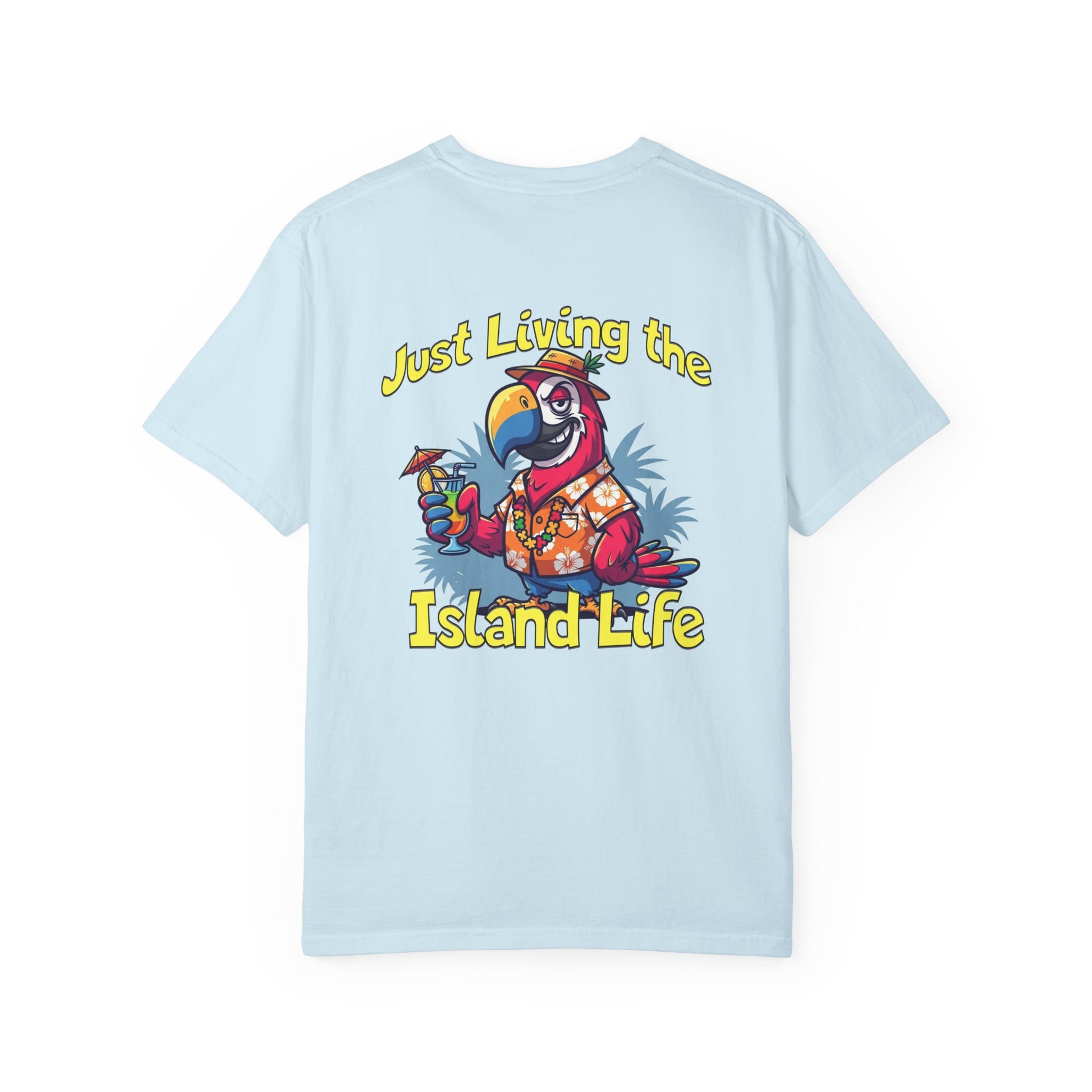 Light blue t-shirt with a parrot graphic and 'Just Living the Island Life' text on a white background