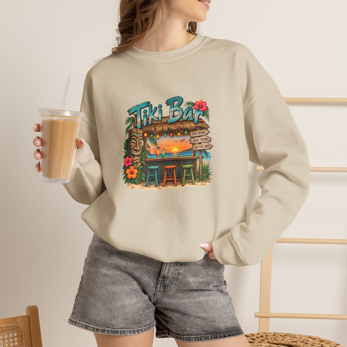 Tiki Bar Crewneck Sweatshirt — Retro Tropical Sunset Design