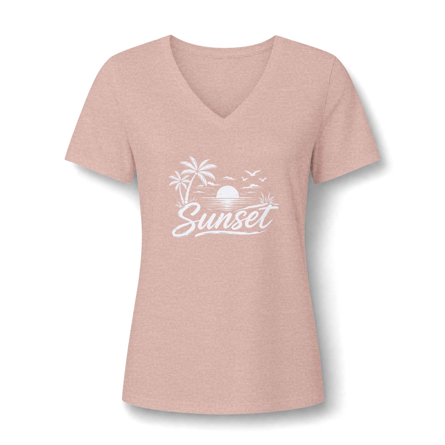 Sunset Palm V-Neck Tee – Women’s Beach Sunset Graphic Shirt