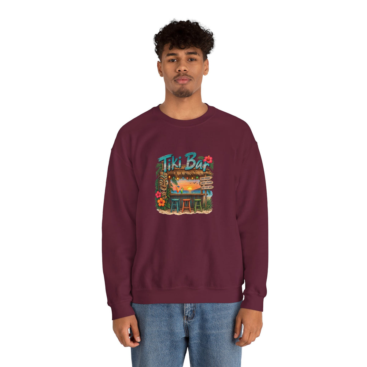Tiki Bar Crewneck Sweatshirt — Retro Tropical Sunset Design