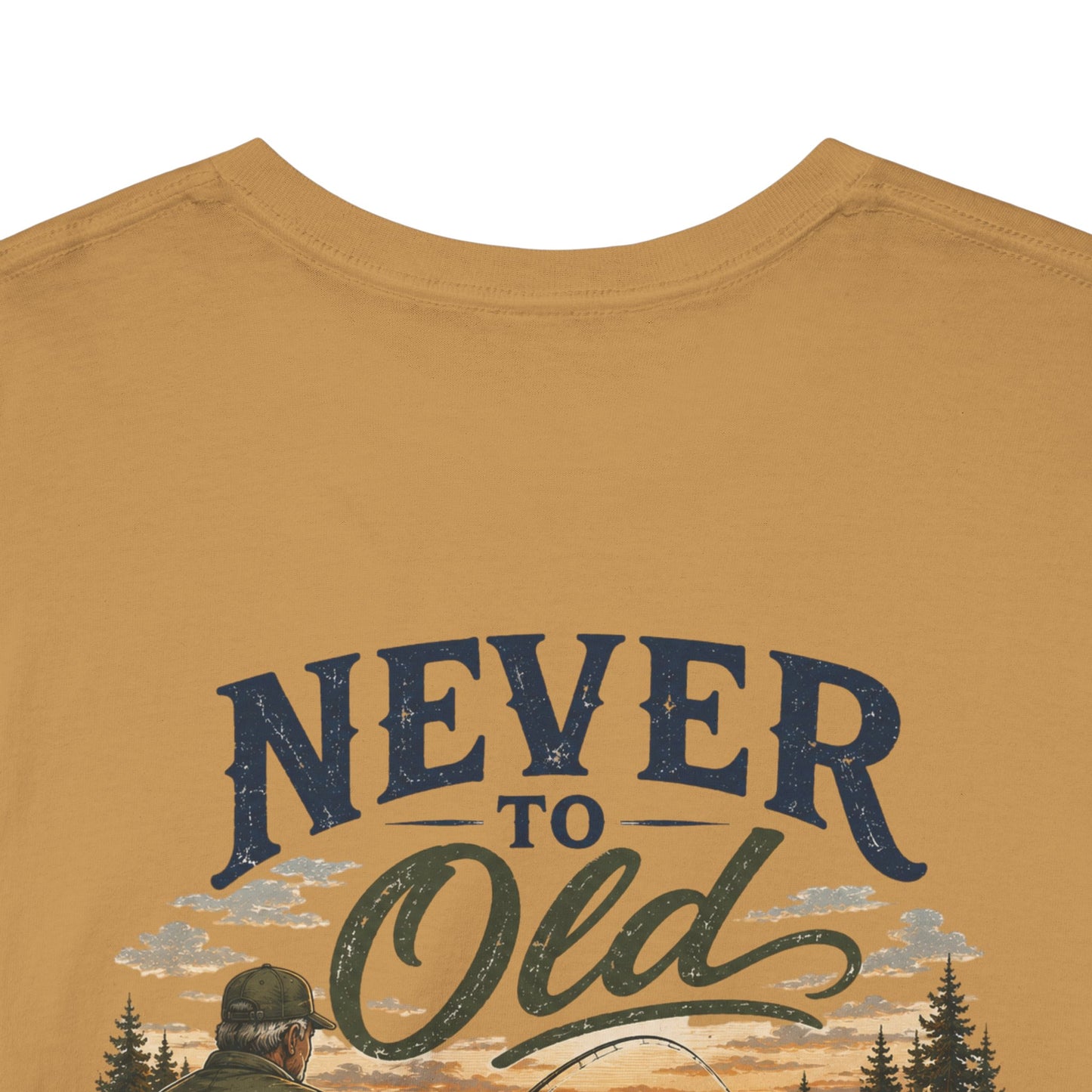 T-Shirt — "Never Too Old to Fish" Fishing Tee (Sunset Lake Design)