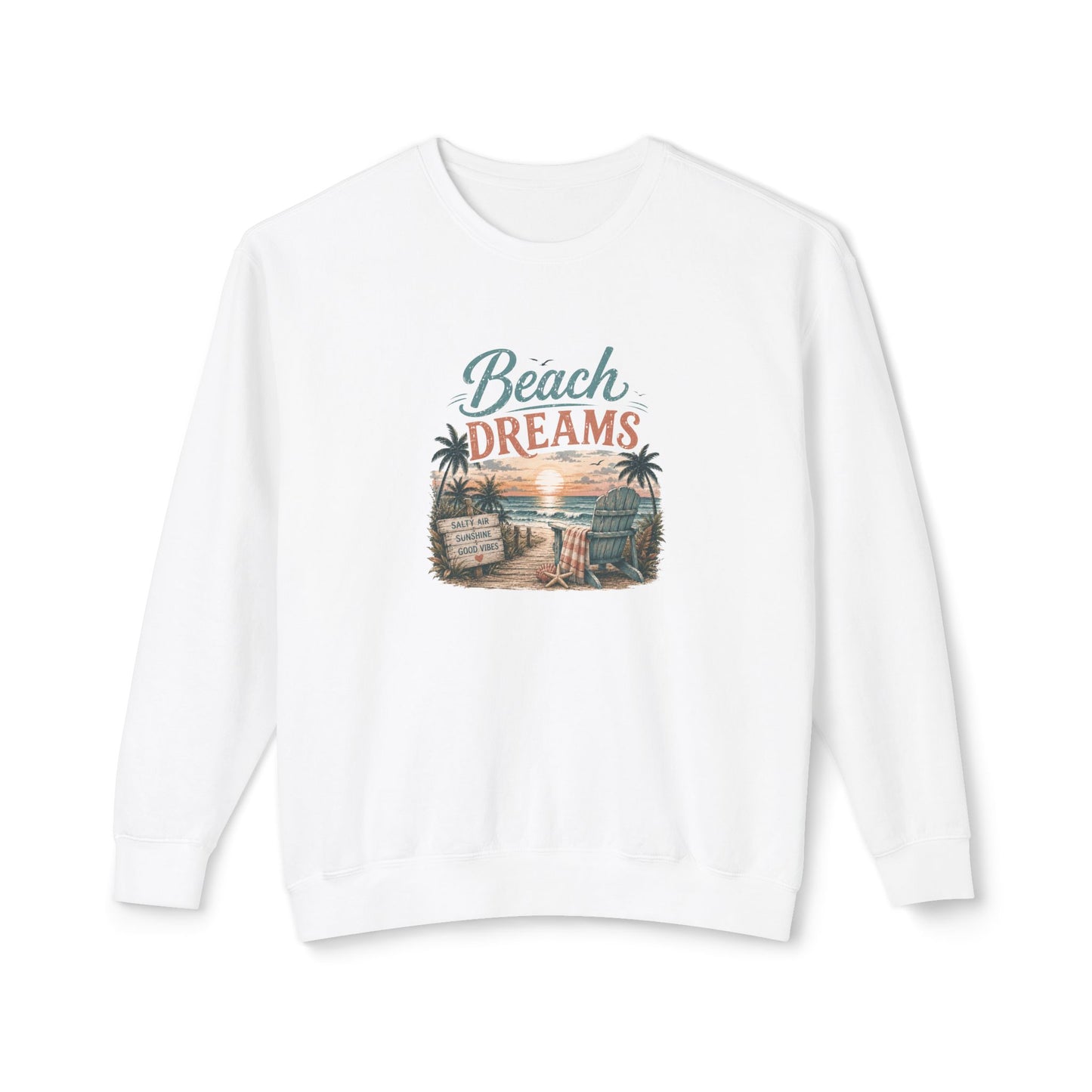 A white long-sleeve crewneck sweatshirt featuring a retro-style graphic on the chest with the text 'Beach DREAMS' and a vintage beach scene illustration.