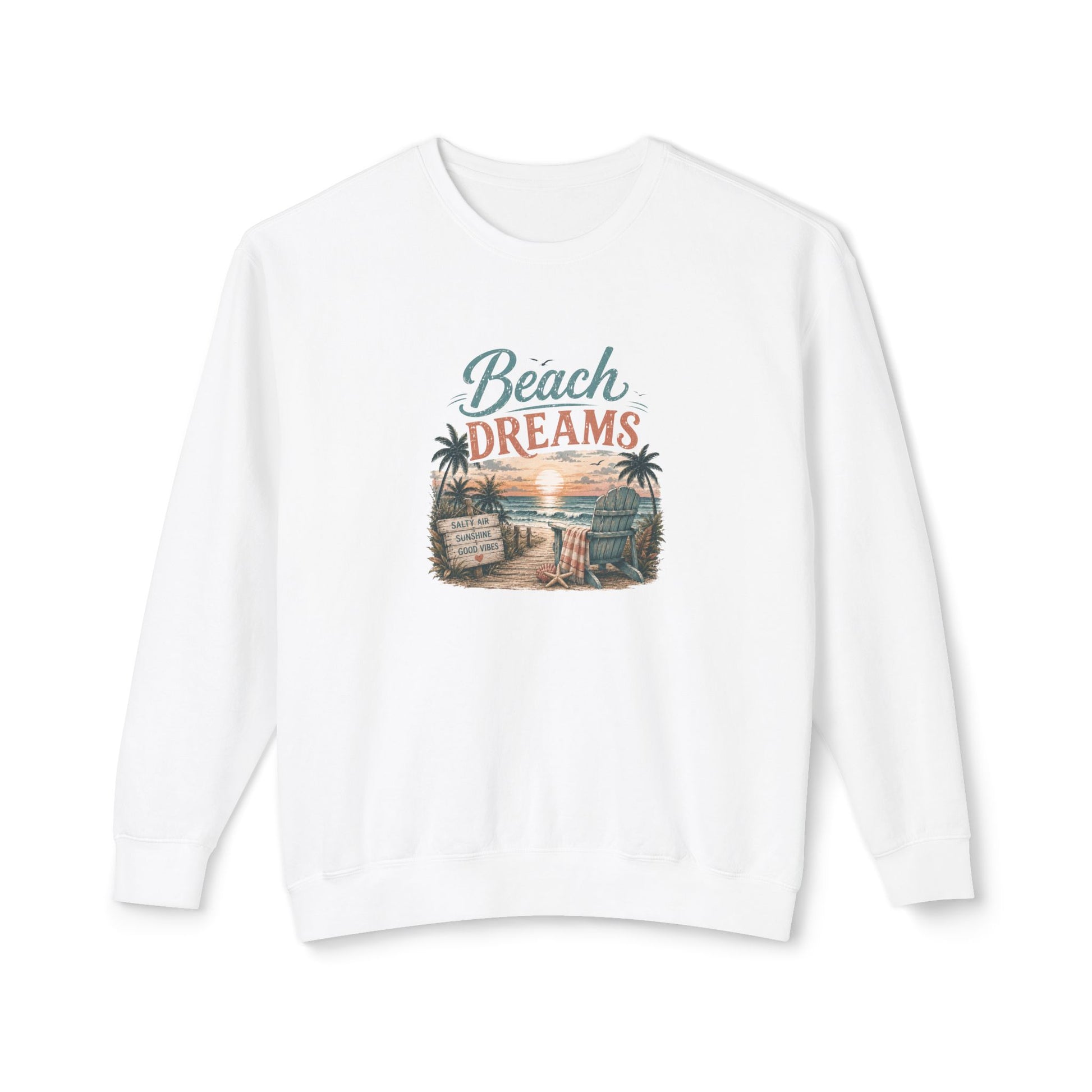 A white long-sleeve crewneck sweatshirt featuring a retro-style graphic on the chest with the text 'Beach DREAMS' and a vintage beach scene illustration.