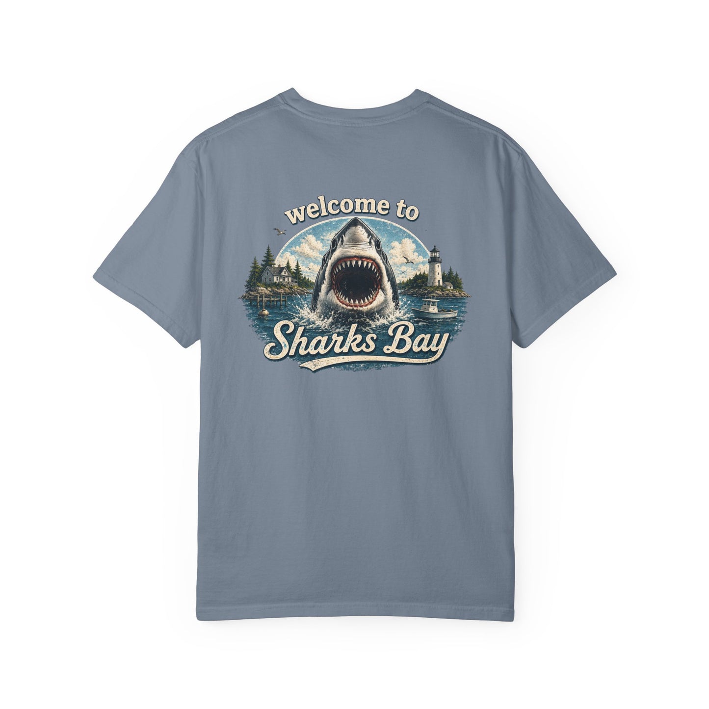Sharks Bay T-Shirt — "Welcome to Sharks Bay" Vintage Shark Graphic Tee