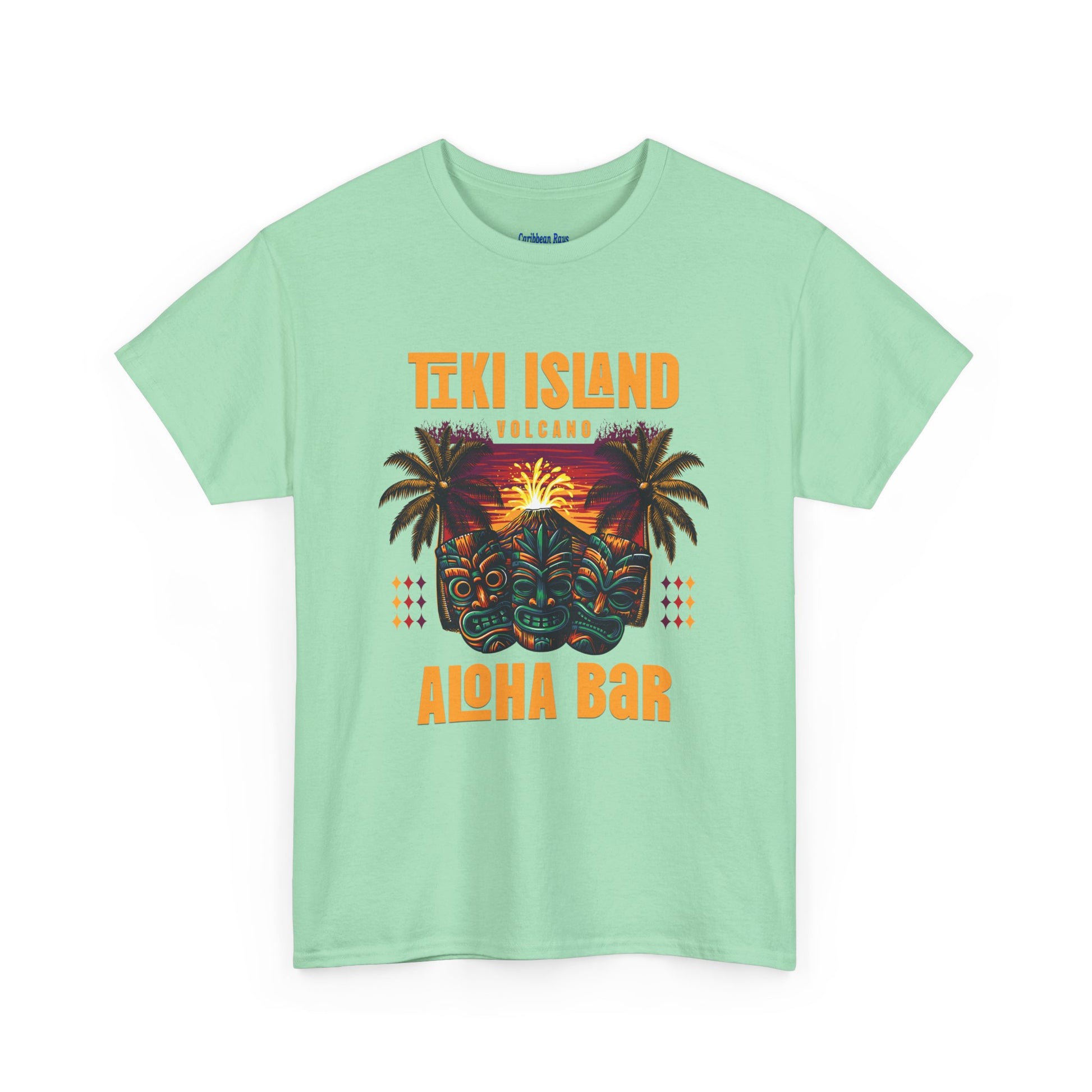 Light green t-shirt with 'Tiki Island' and 'Aloha Bar' design on a white background  at Caribbean Rays